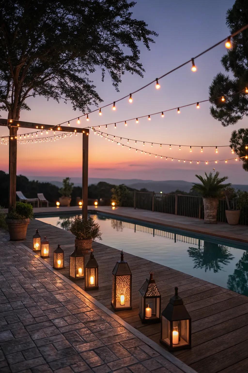 Gentle lighting transforms your pool deck into a magical evening getaway.