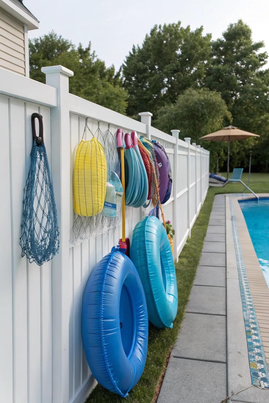 Perimeter barrier adorned with suspension hooks and netting, facilitating effortless buoyant companion storage.