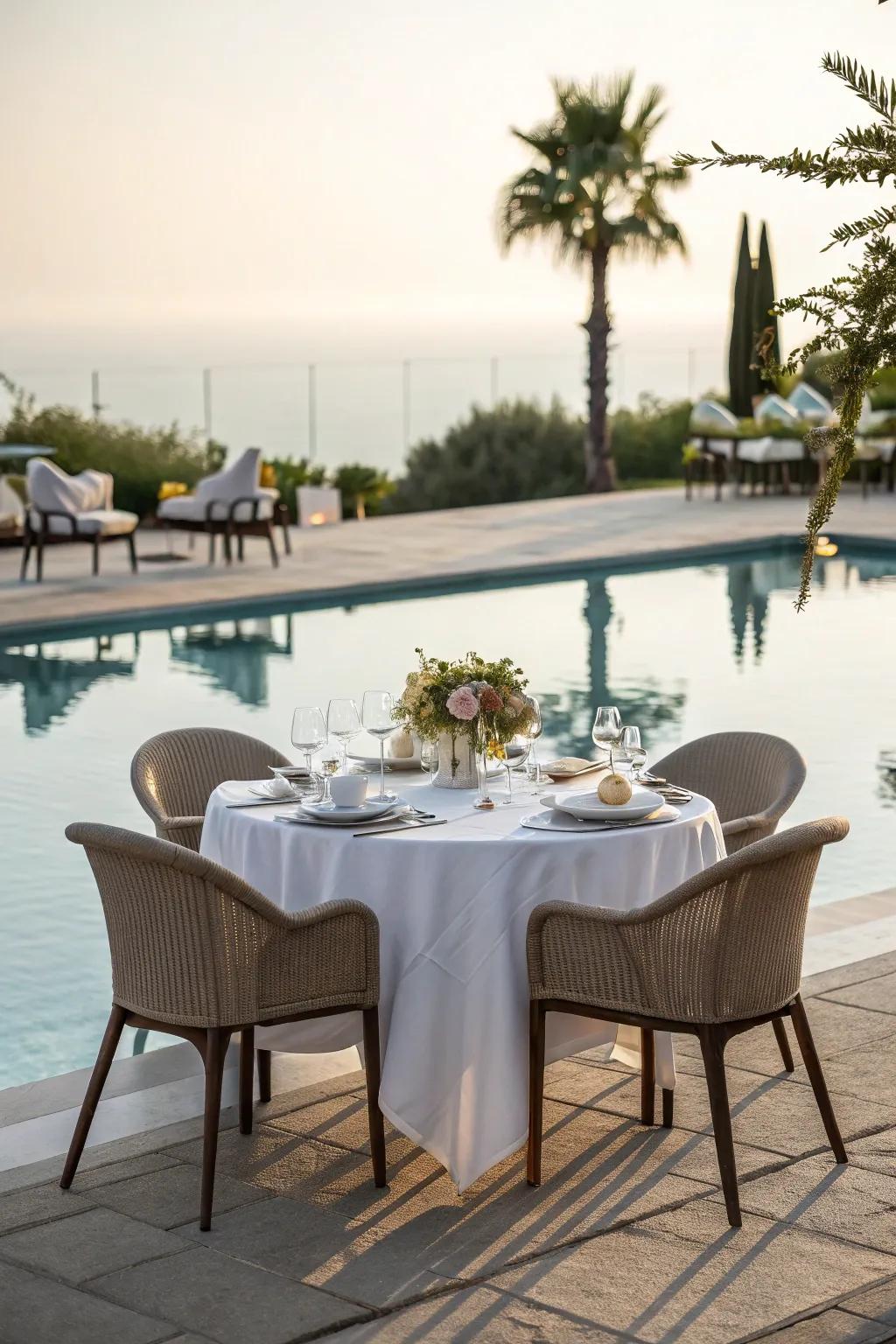 Poolside dining areas are perfect for savoring meals with a scenic view.