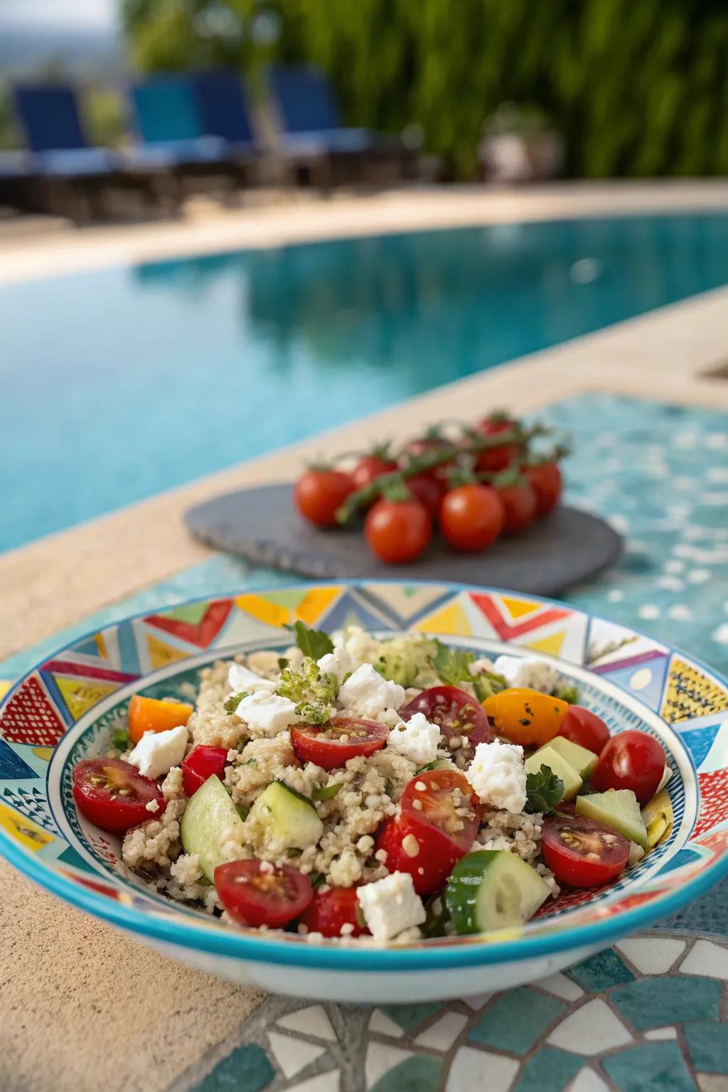 Enjoy a wholesome and delectable Mediterranean quinoa salad.