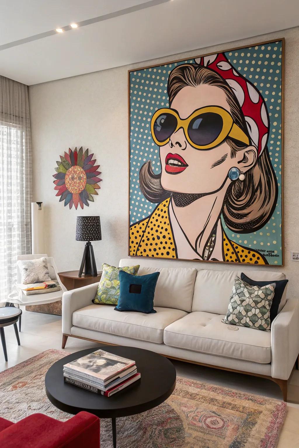 A stylish portrait featuring oversized sunglasses in the style of pop art.