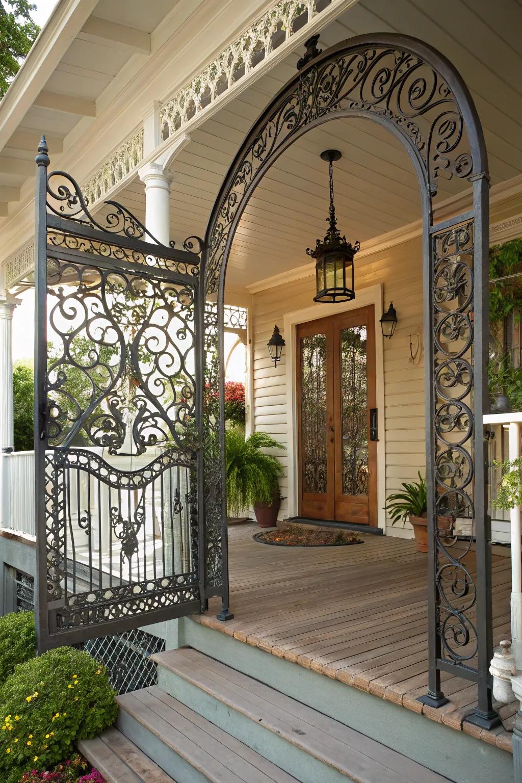 Elaborate ironwork transforms a porch into a masterpiece.