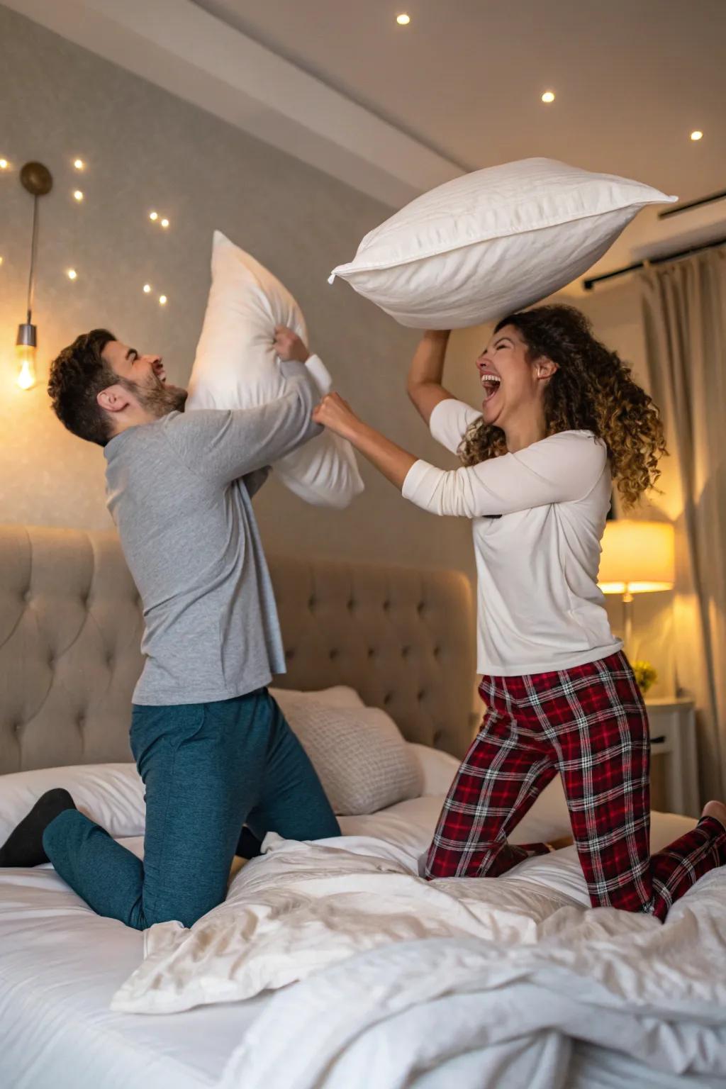 Fill your bedroom photoshoot with playfulness and motion through a spirited pillow fight.
