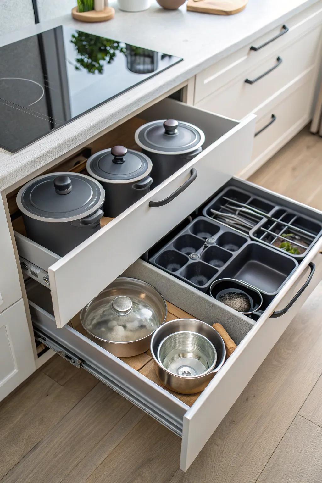 Customizable inserts in deep drawers keep all your cookware organized.