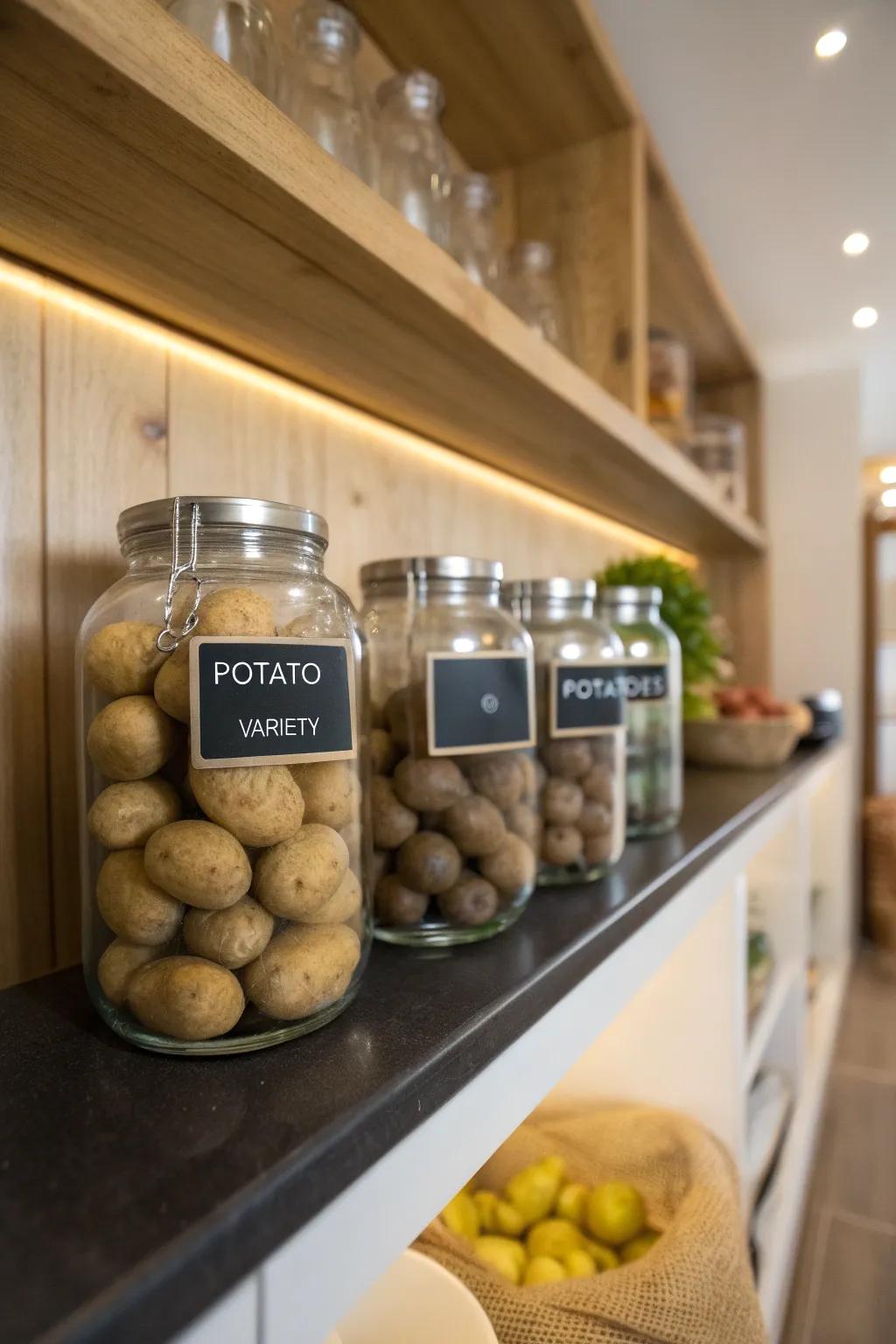 Slate labels provide a unique touch to potato storage.