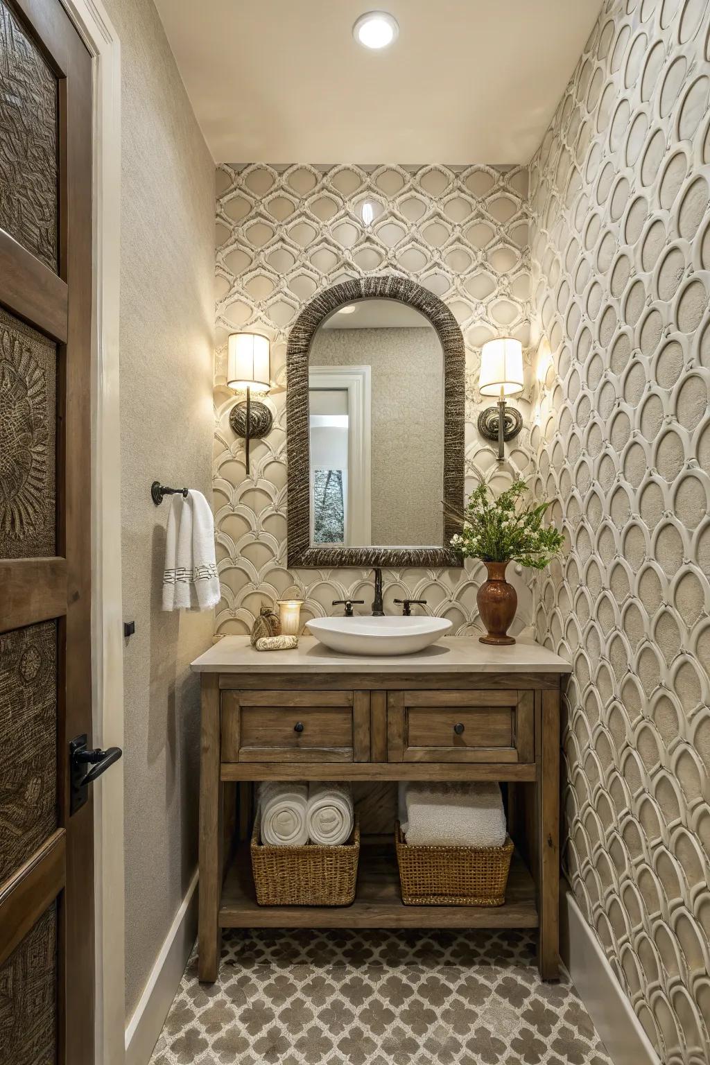 A washroom highlighting a feature panel showcasing textured tiles.