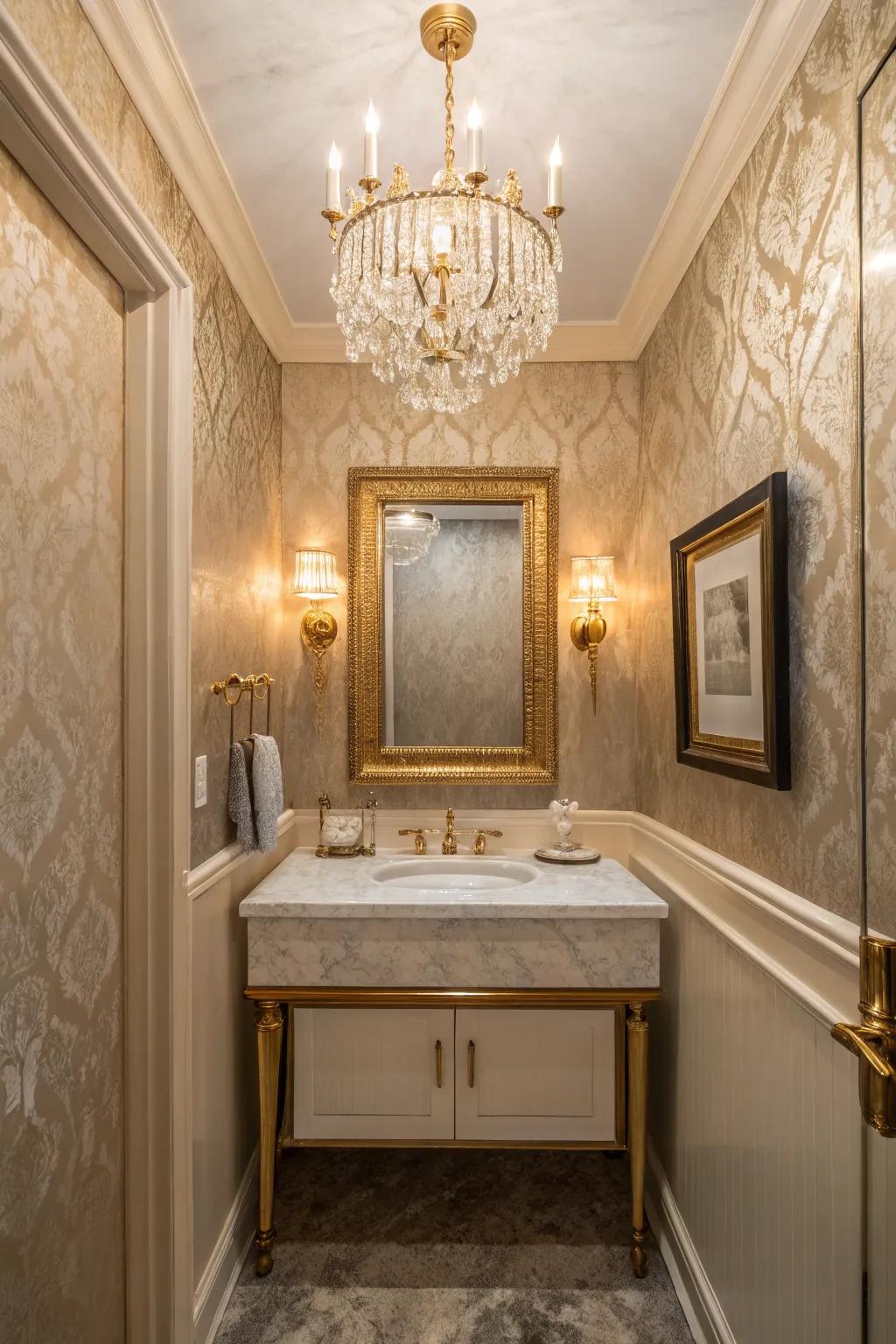 A ceiling light introduces an opulent touch to even the most compact washroom.