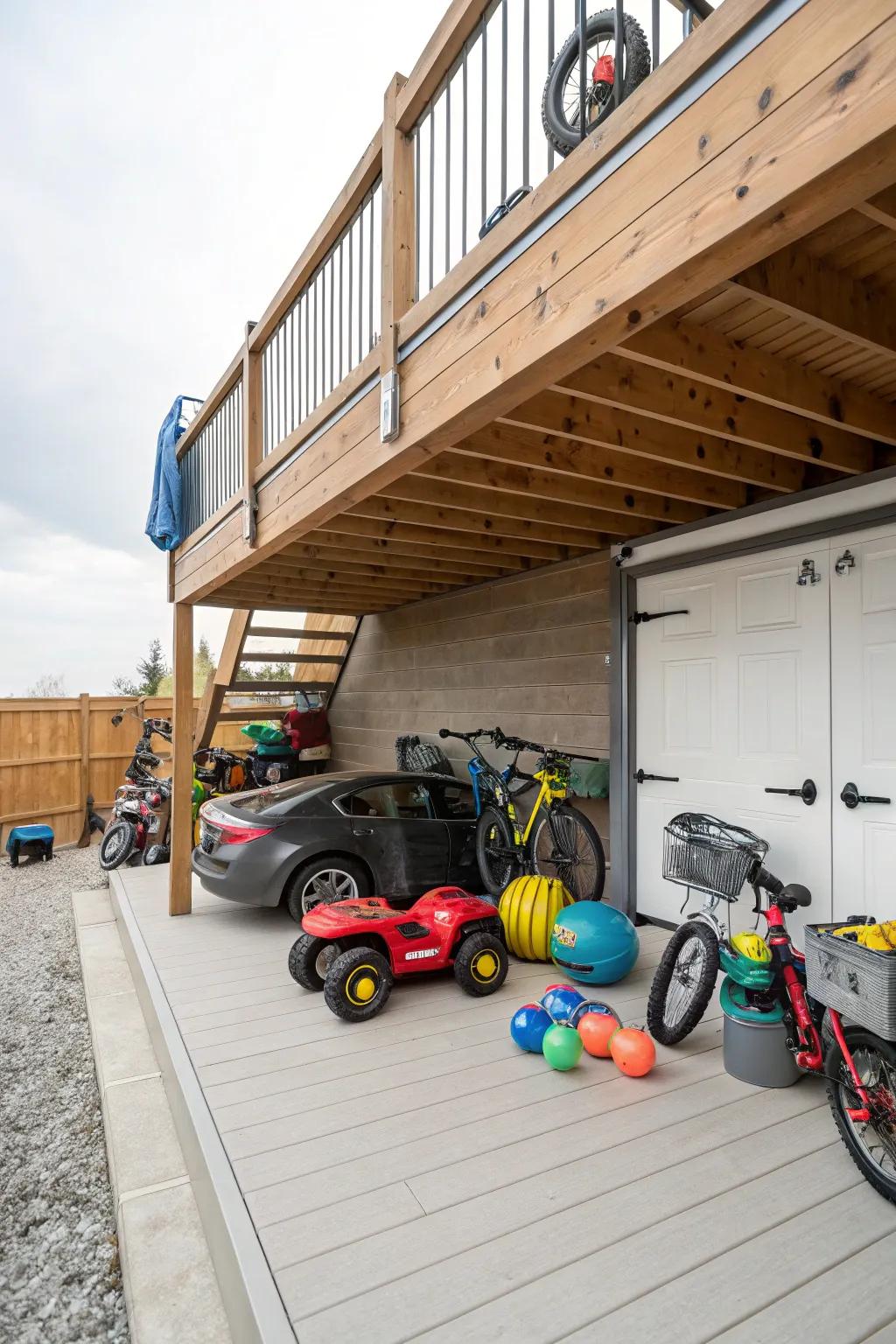 Utilizing below-deck space for concealed electric ride-on storage.