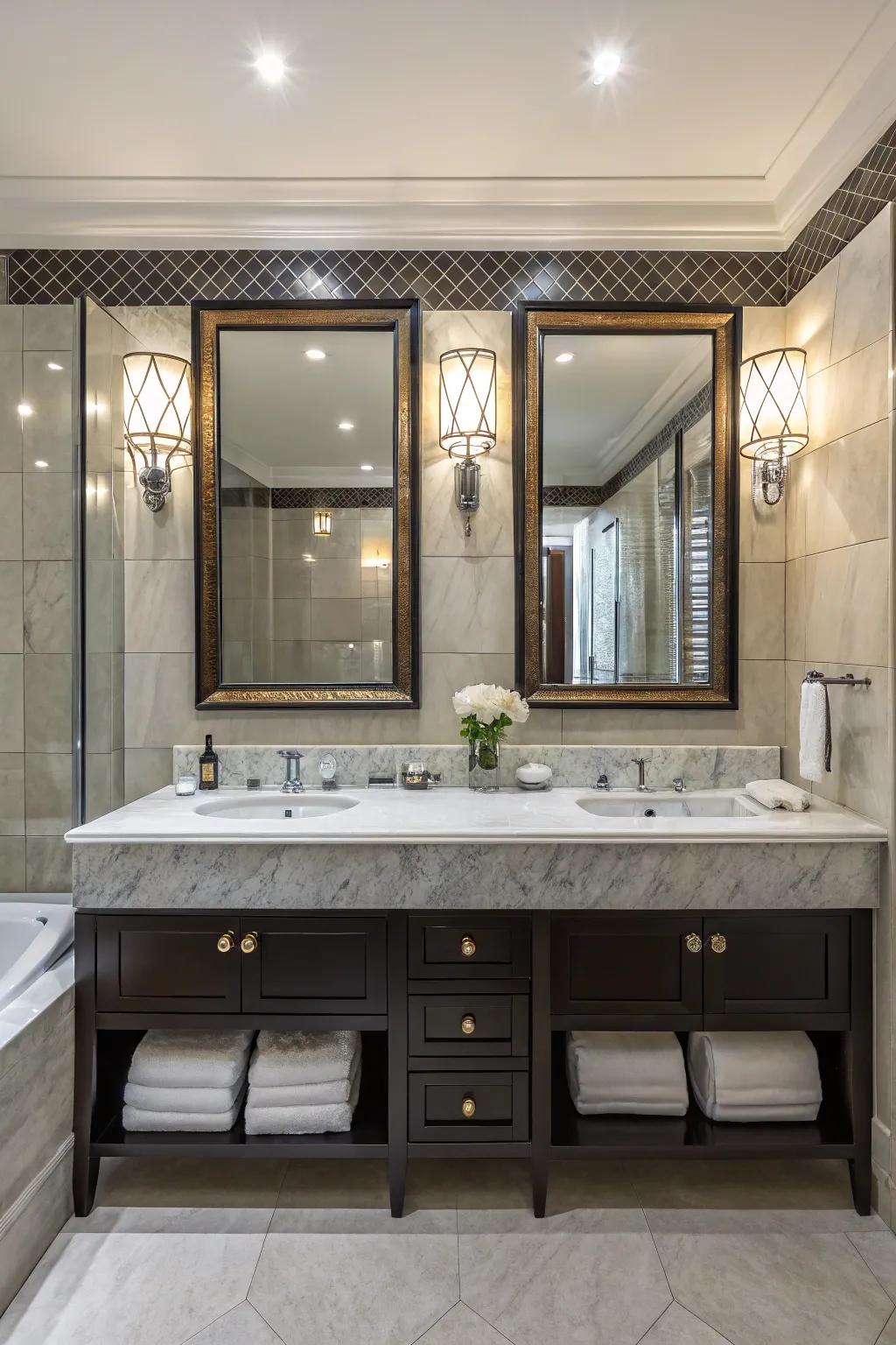 Dual lavatories intermingle functionality with refinement.