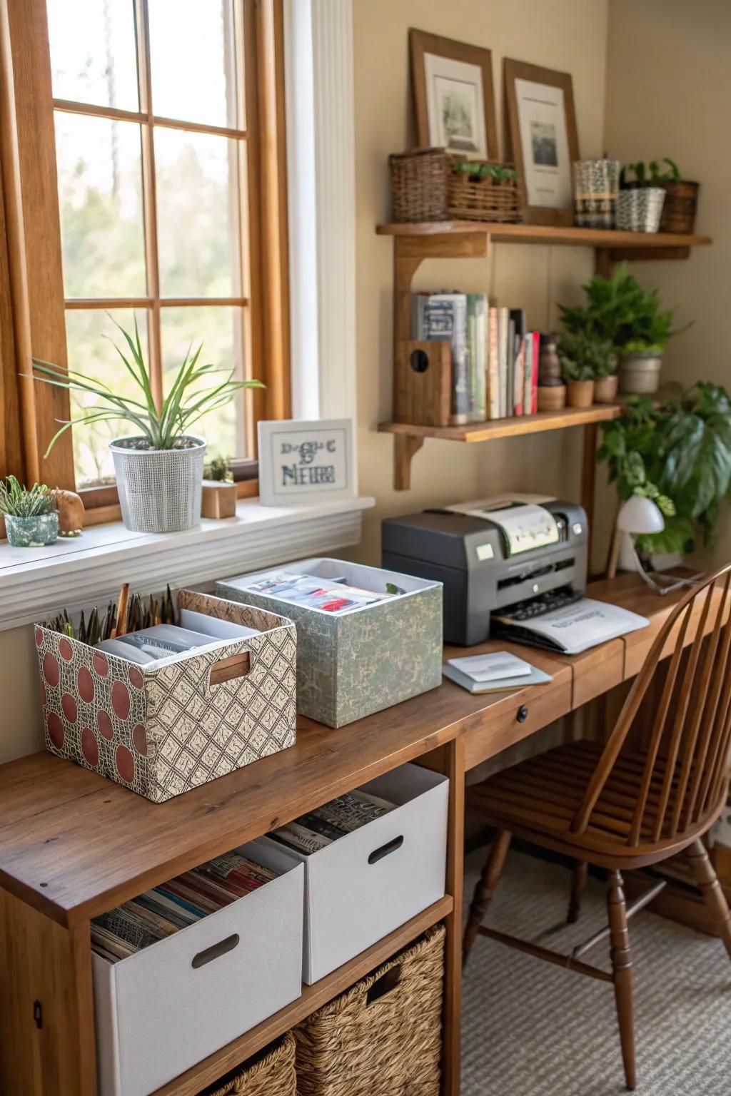 Custom DIY storage boxes add a personal touch to paper organization.