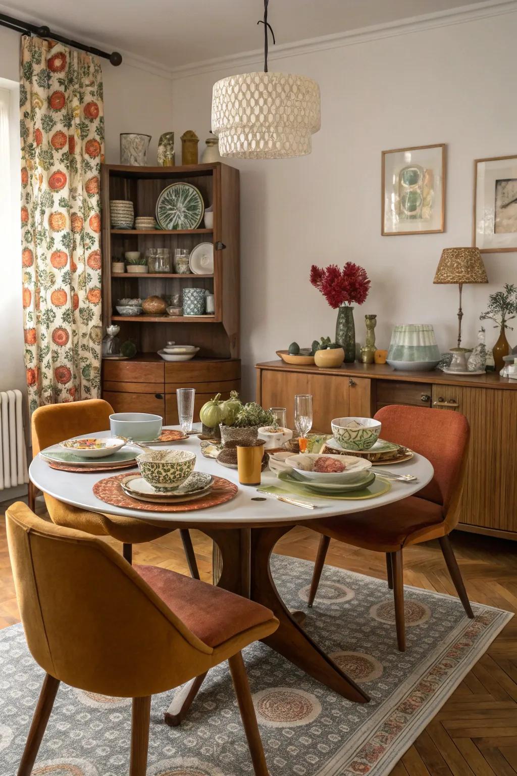 A dining room adorned with retro décor, showcasing vintage tableware and dishes reminiscent of the 60s and 70s.