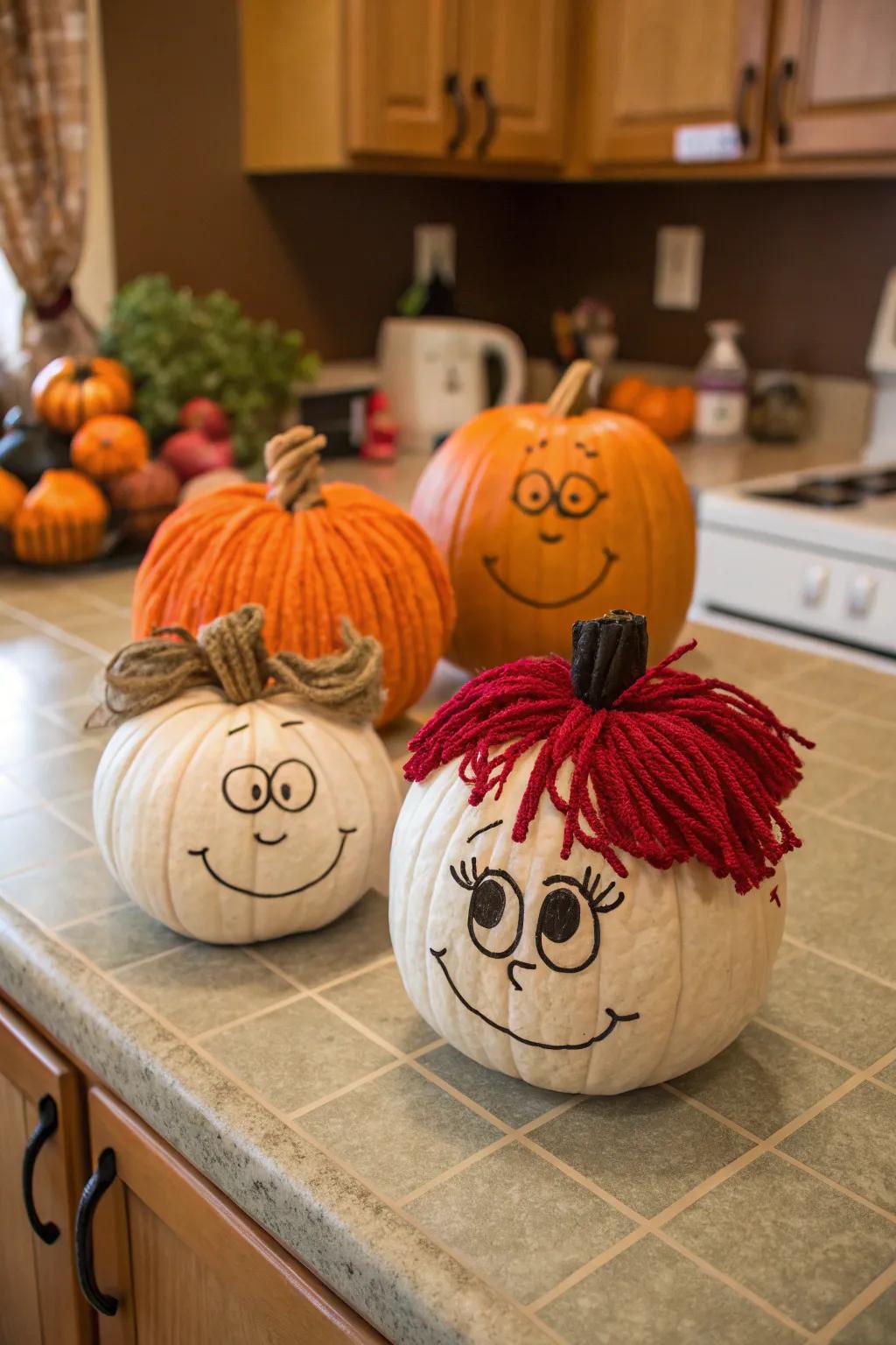 Delightful mini pumpkins fashioned into a charming family of characters.