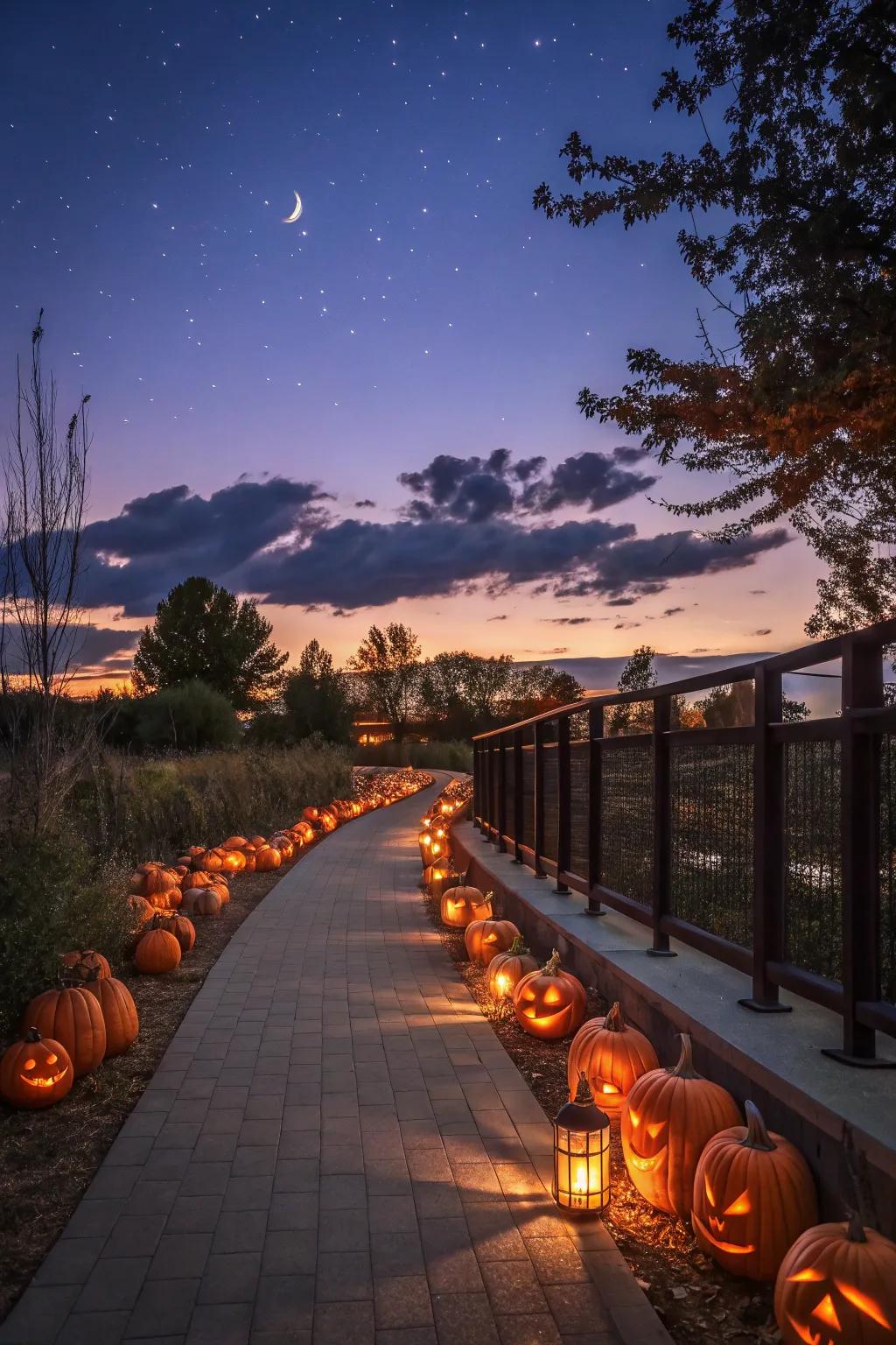 An enchanting pathway lit by carved pumpkin lanterns.