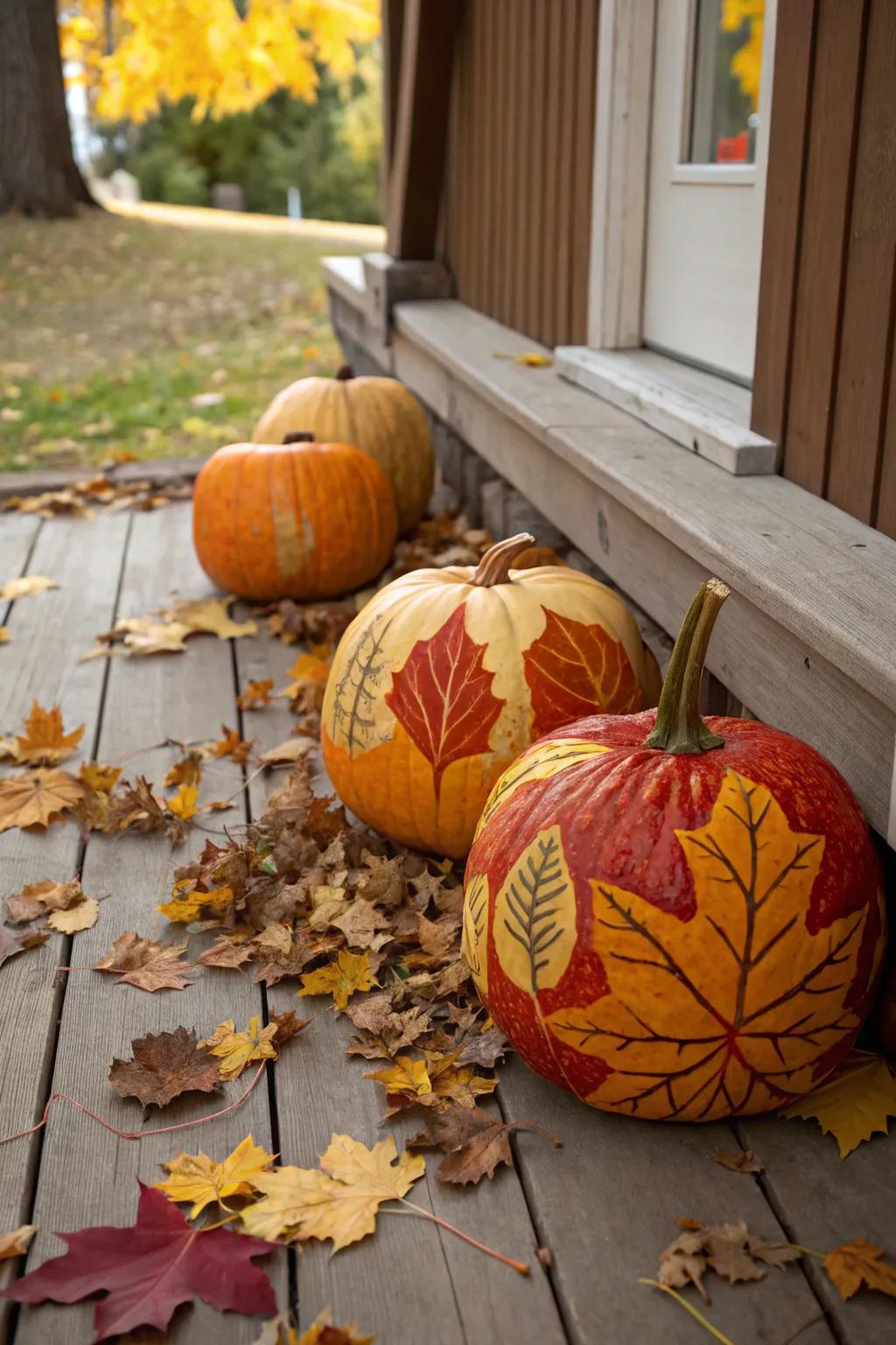 Celebrate autumn with nature-inspired leaf patterns on pumpkins.