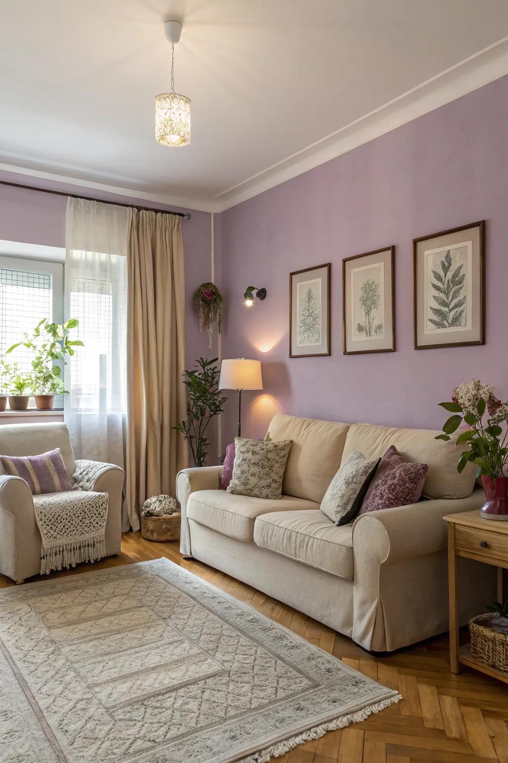 A cozy room featuring a lilac accent wall that goes well with neutral decor.