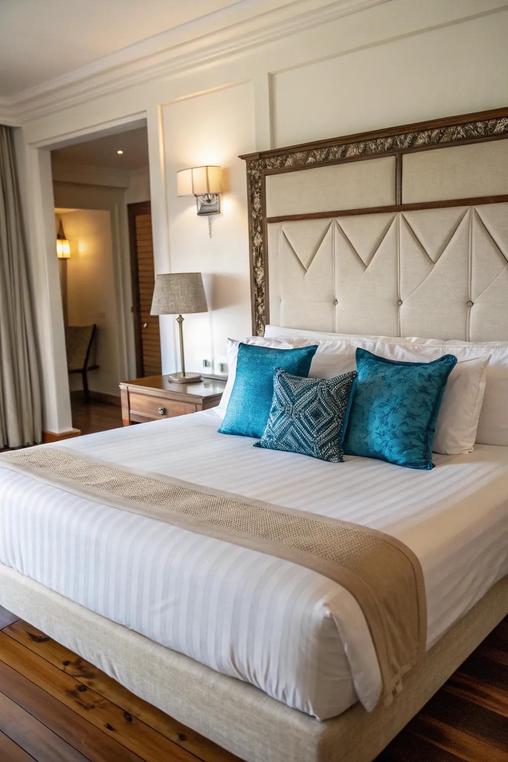 A boldly colored accent pillow establishes a captivating focal point within a pillow arrangement.