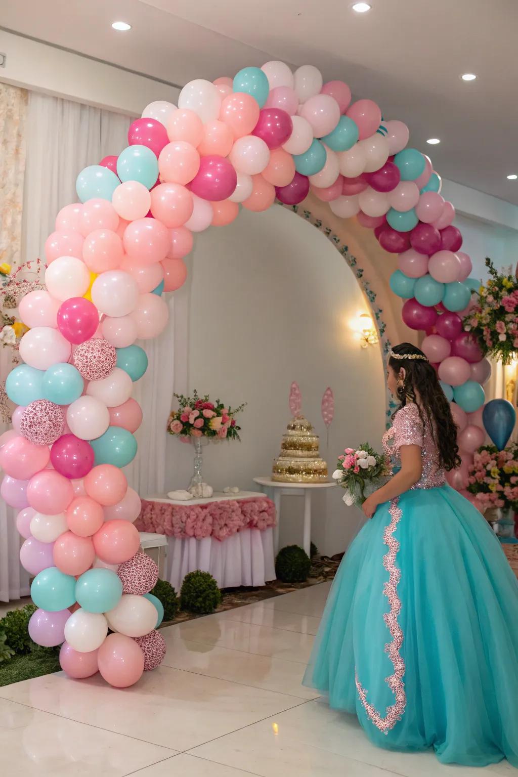 Balloon decorations infuse a playful vibe into quinceañera festivities.