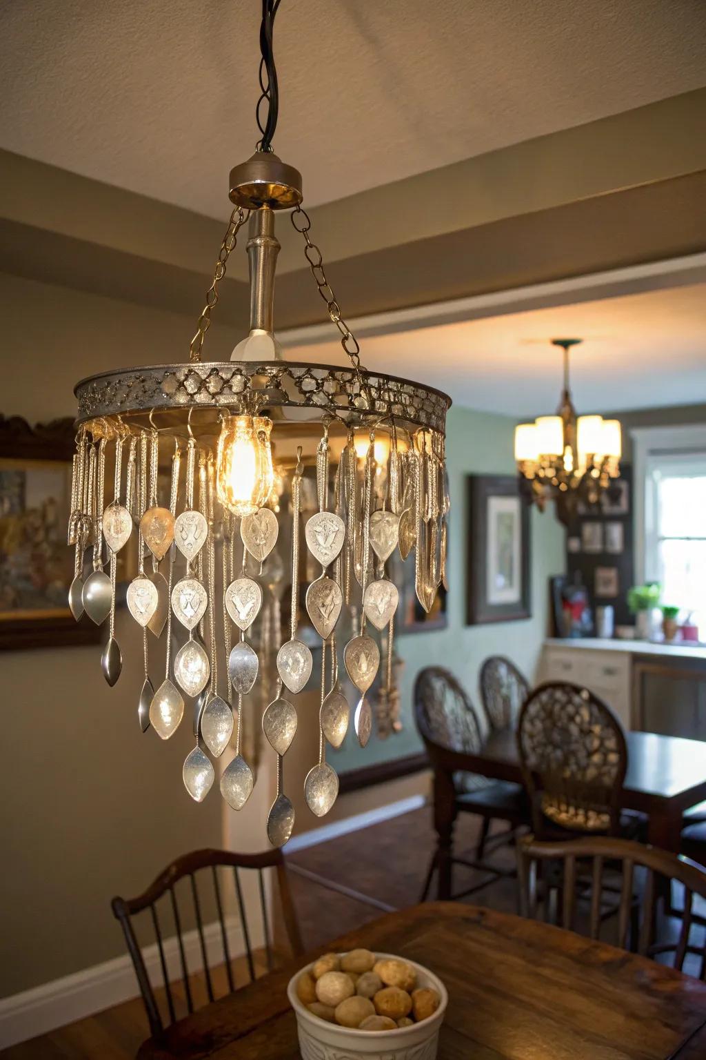 A singular chandelier crafted from repurposed silverware.