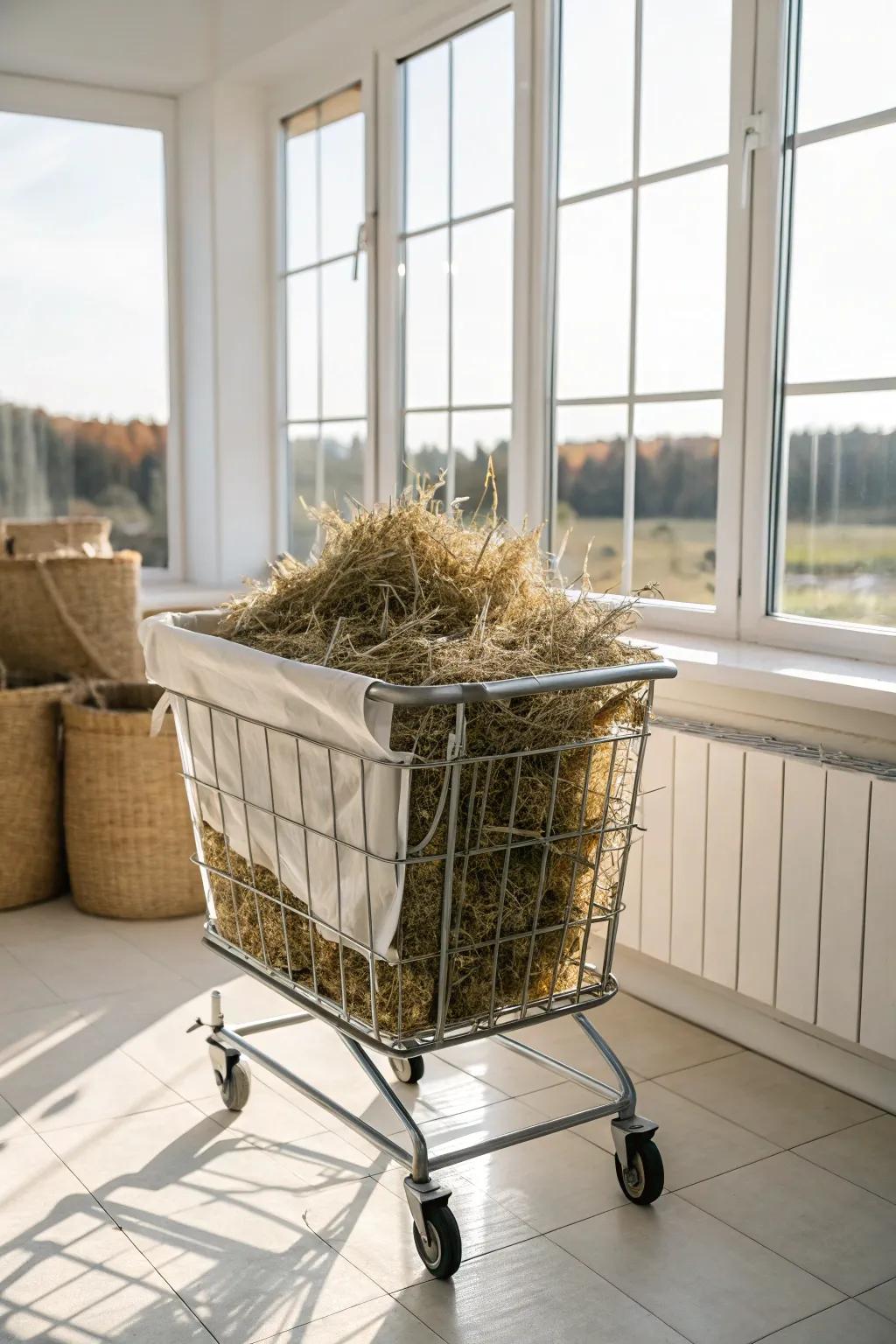 A movable laundry basket trolley offers convenient storage and transport of hay.