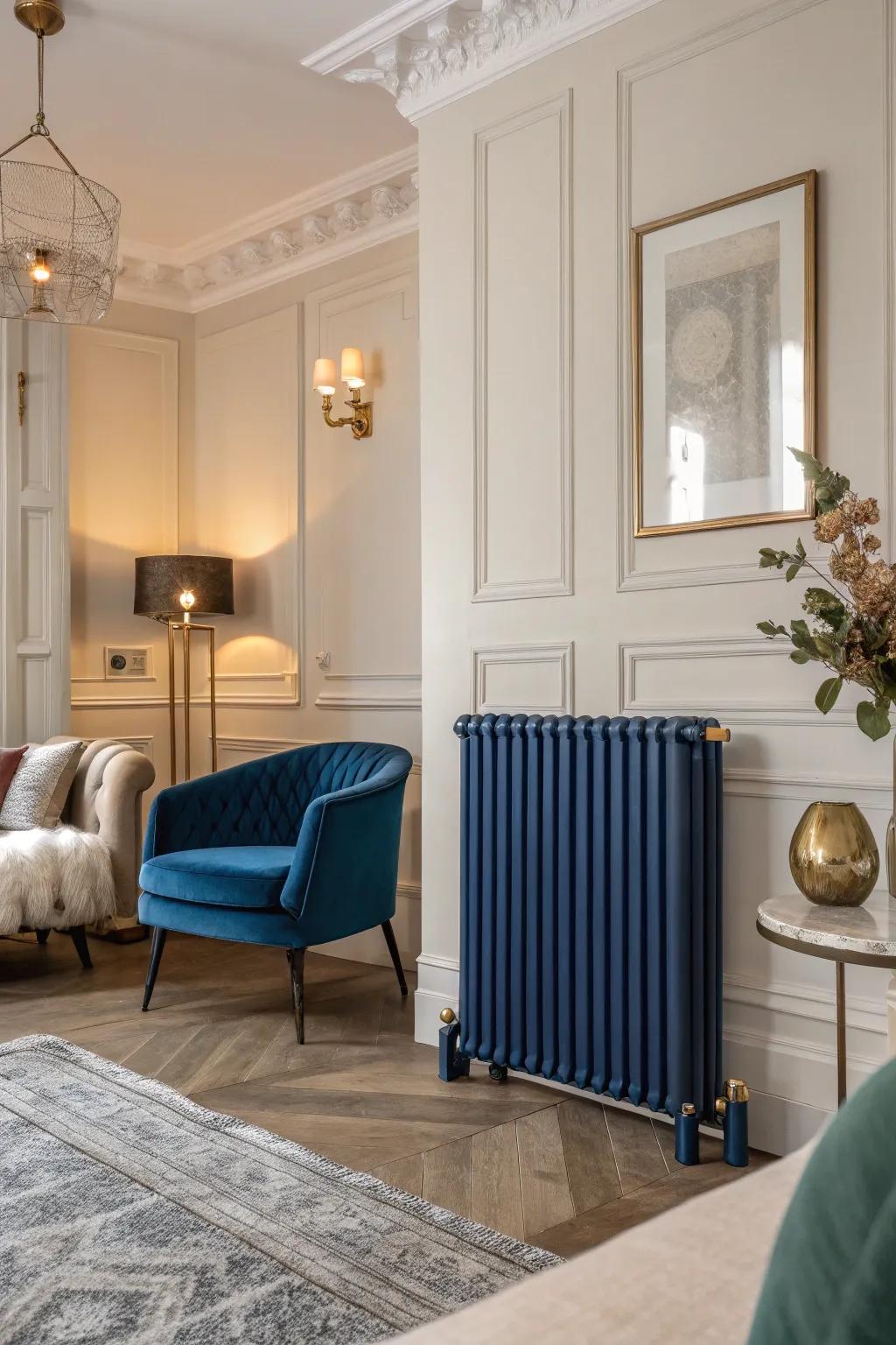 A profound azure radiator imparts drama and depth.