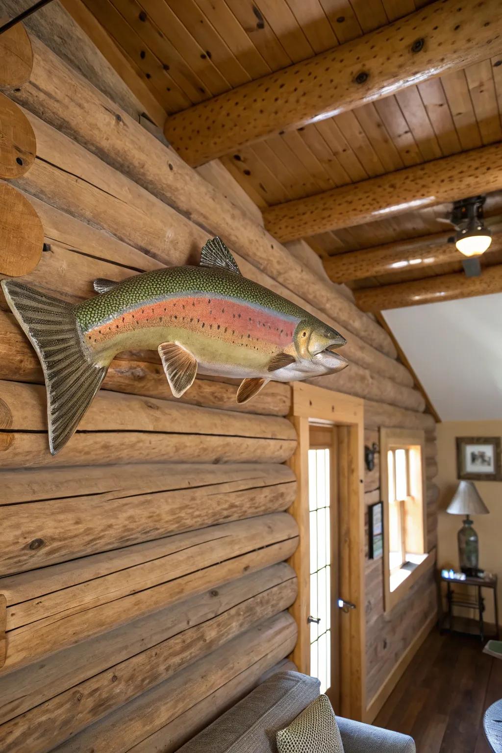 A rustic wall-mounted presentation of a rainbow trout gives off a cozy, cabin-inspired feel.
