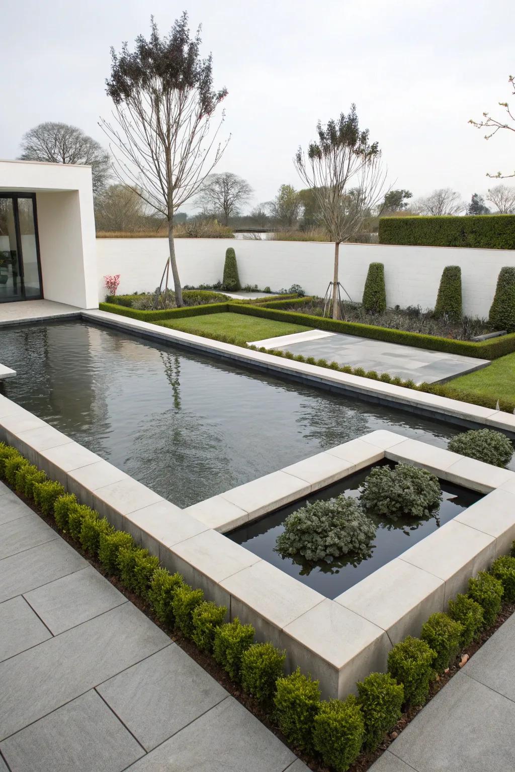 A streamlined, modern raised koi pond revealing geometric class.