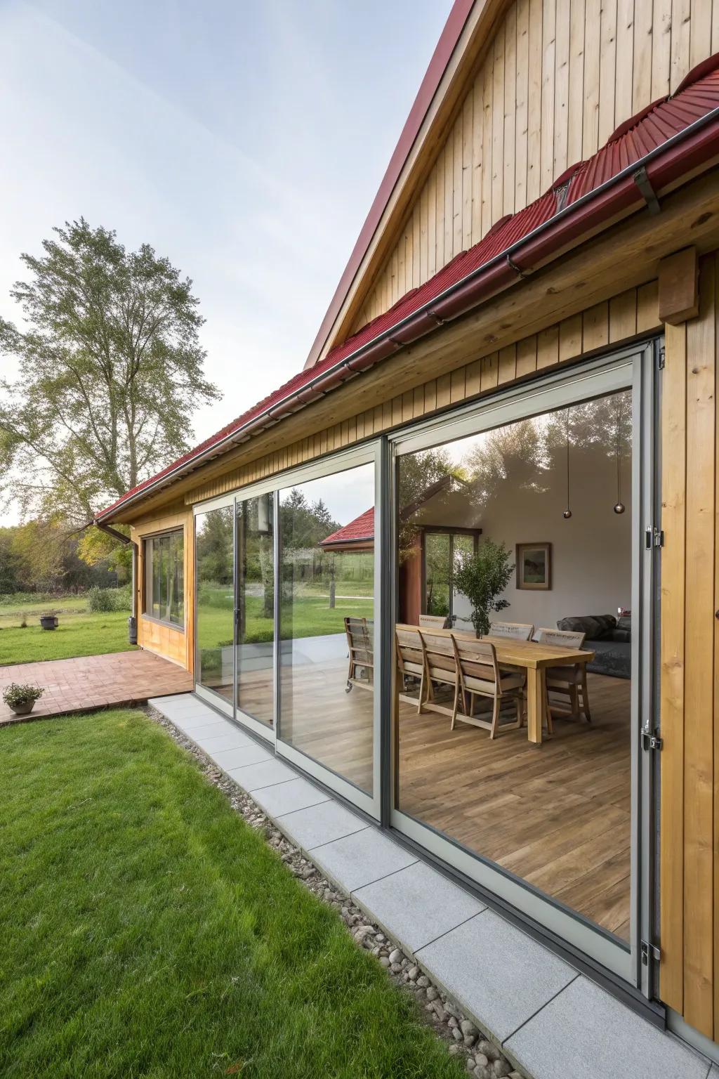 Sliding panels create a seamless indoor-outdoor connection in this ranch-style home.