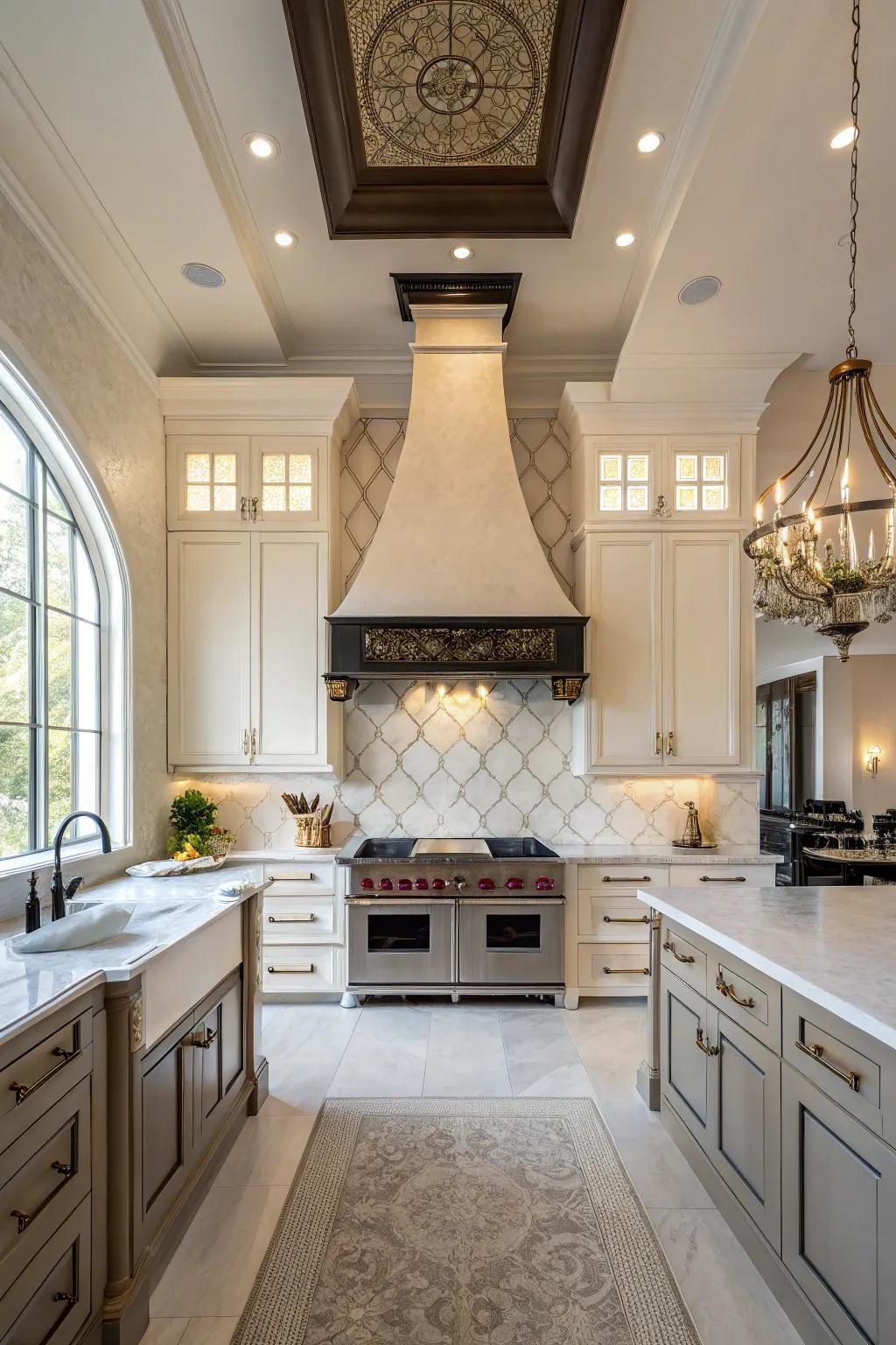 A grand telescopic range hood commands attention and makes a bold statement in the kitchen.