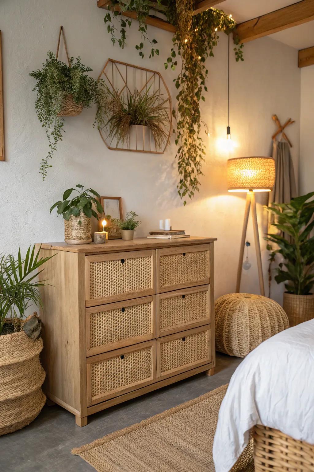 Store your essentials in style with a rattan dresser.