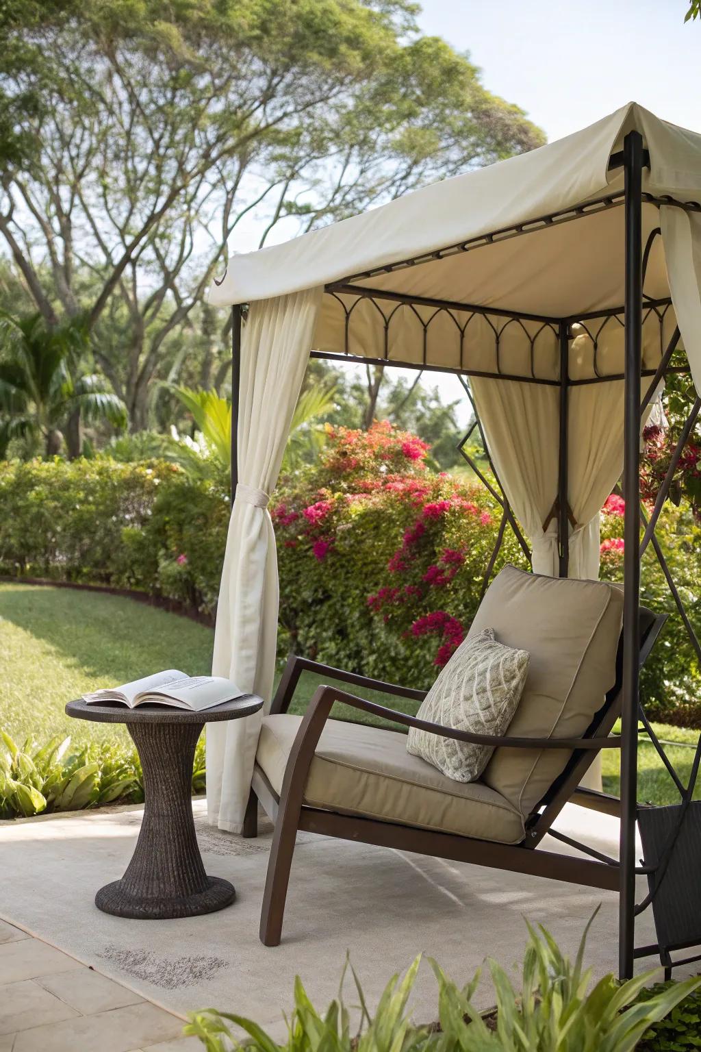 An outdoor reading nook providing a peaceful escape.