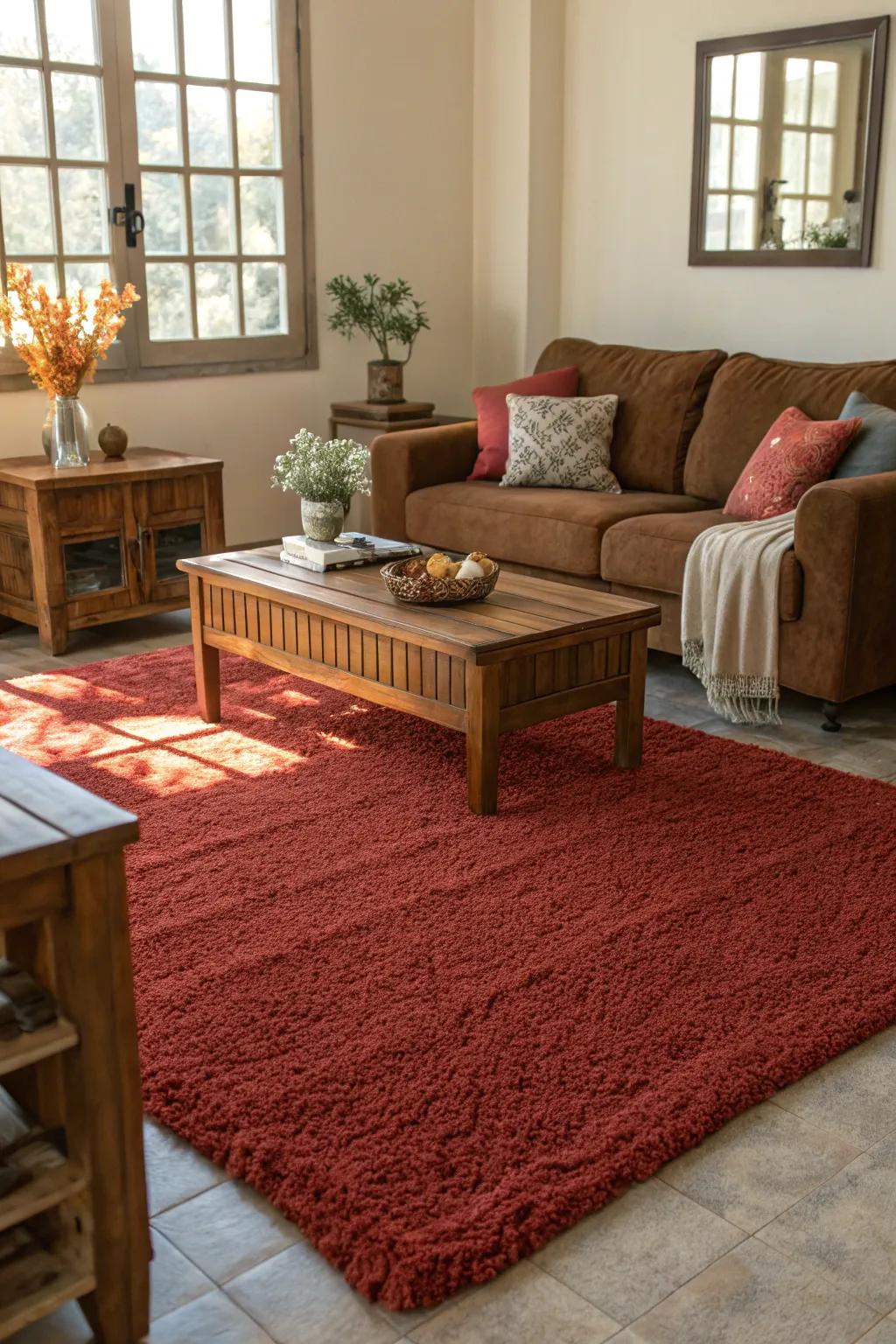 Plush scarlet rugs introduce warmth and comfort to a living space.