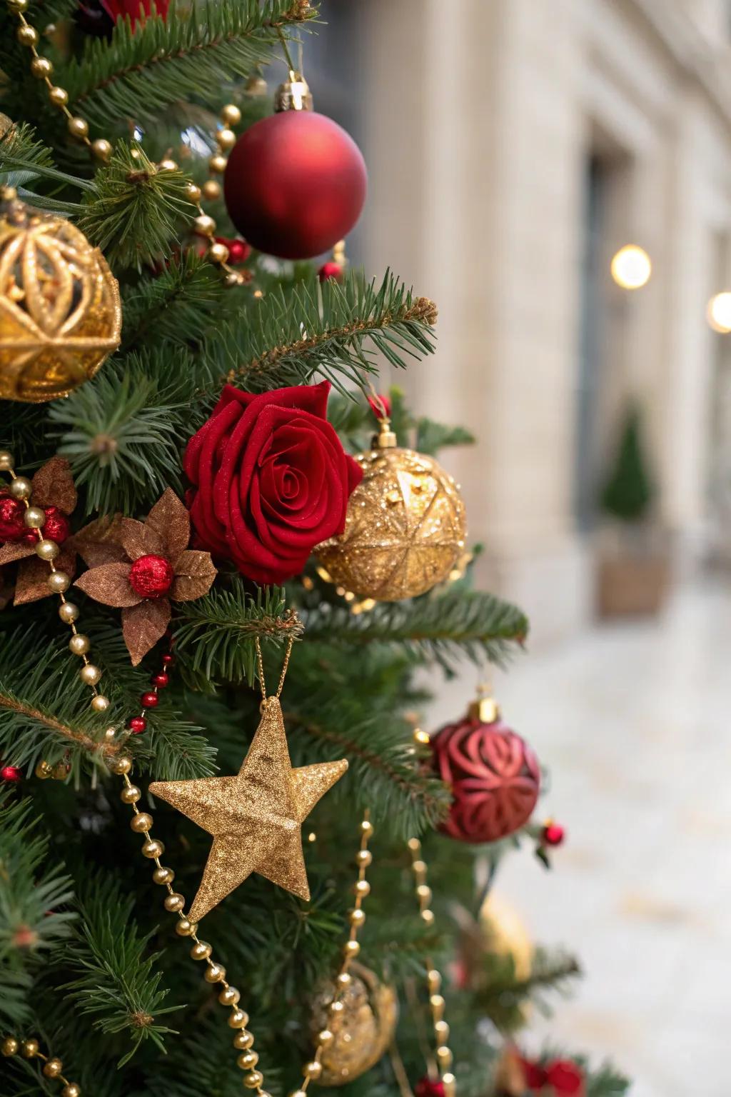 Unique crimson roses and gilded stars impart individual flair to the tree.