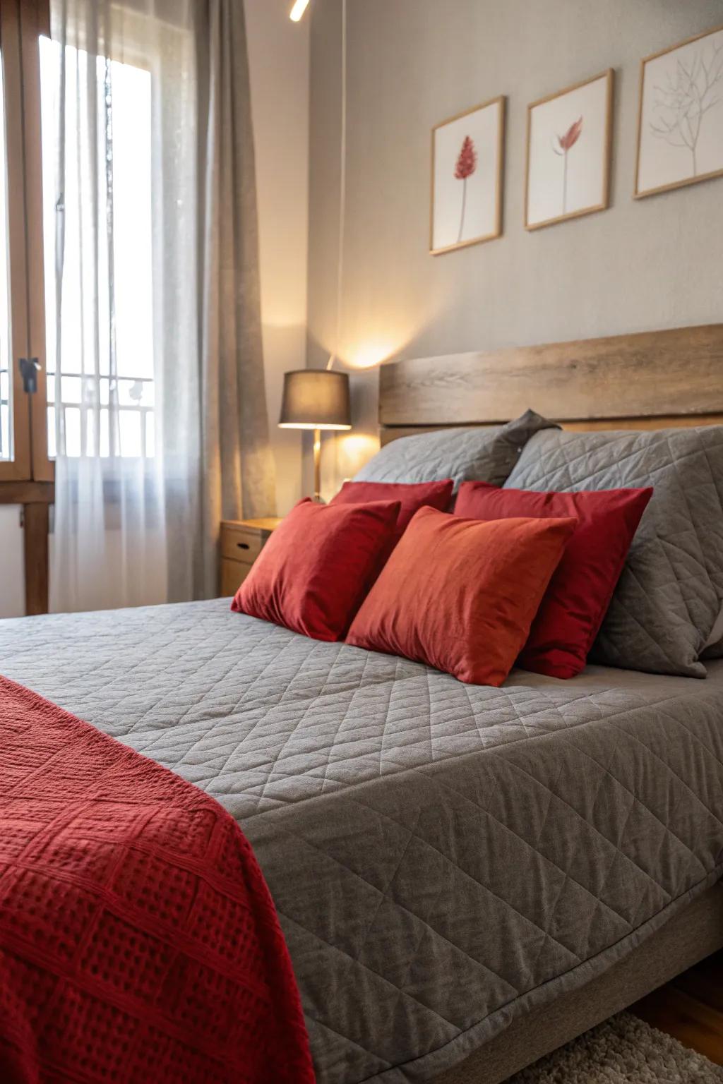 A tranquil bedroom featuring grey and crimson accents.