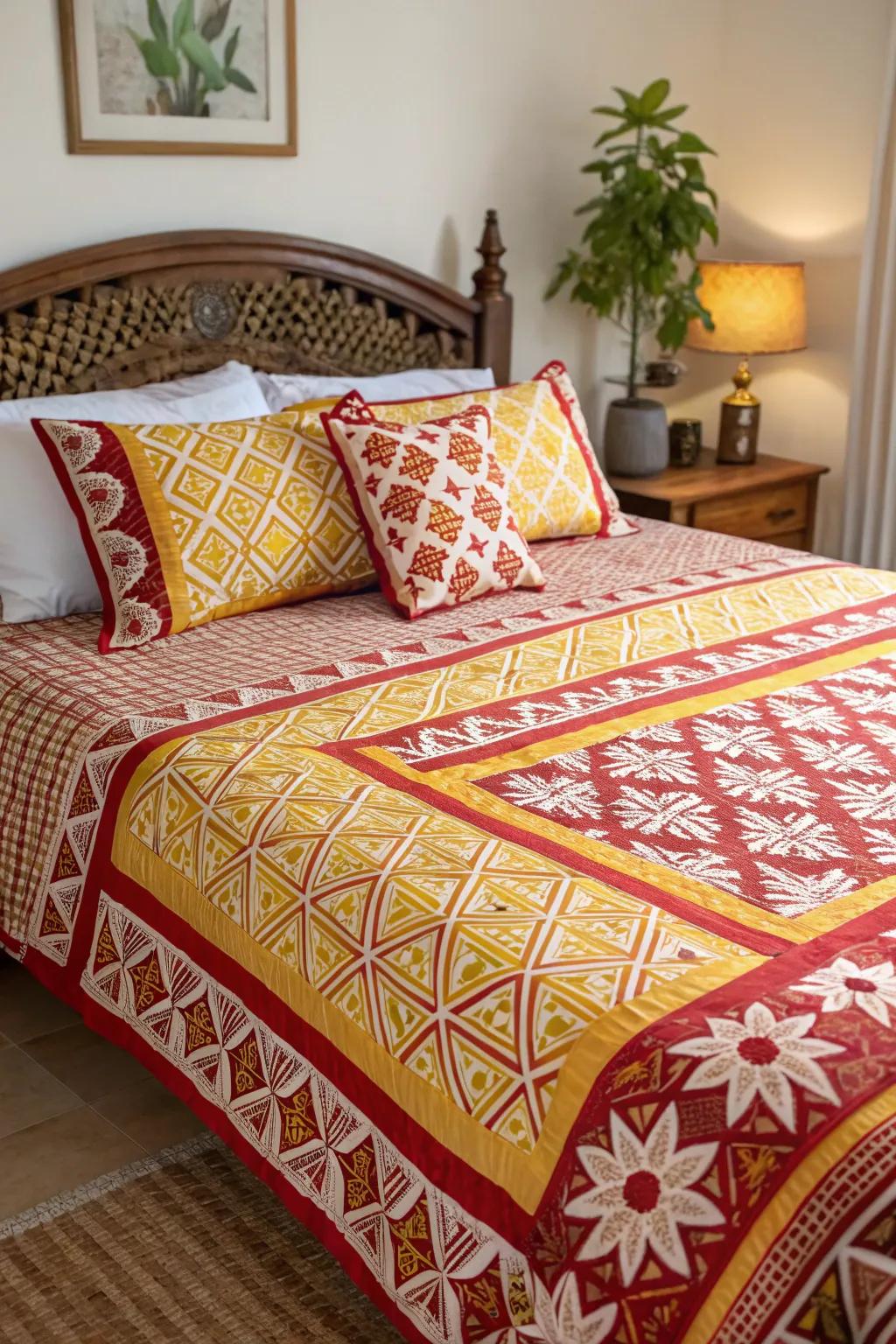 Patterned linens in crimson and gold impart a playful and energetic vibe to this bedroom.