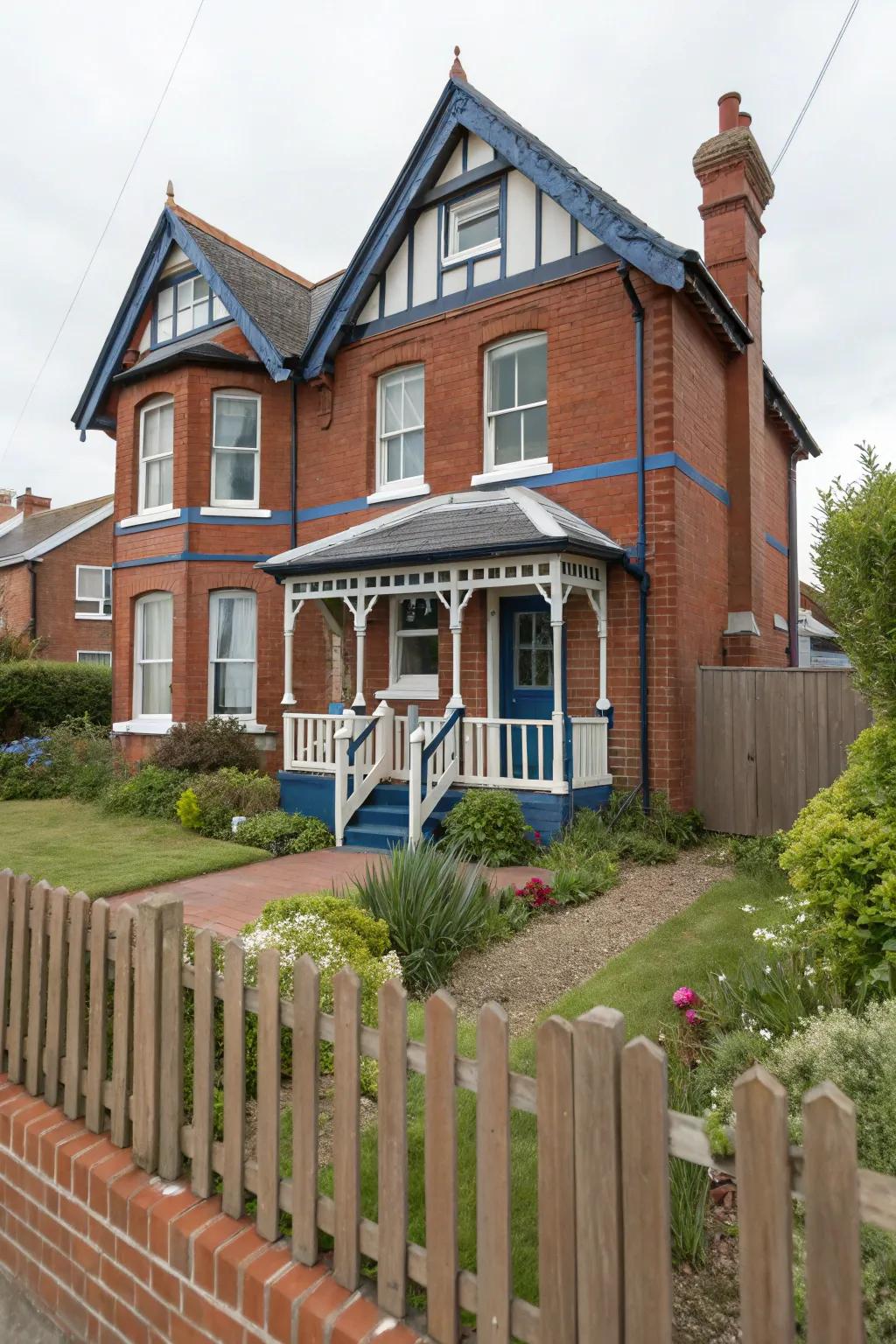 Ocean blue trim adds a rich and charming contrast to red brick houses.