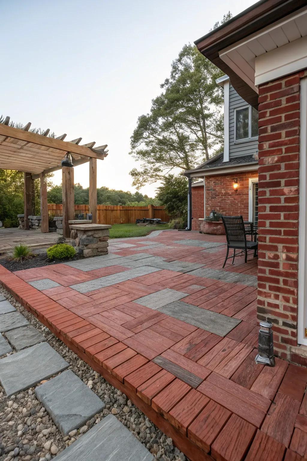 A red brick patio displaying mixed material features