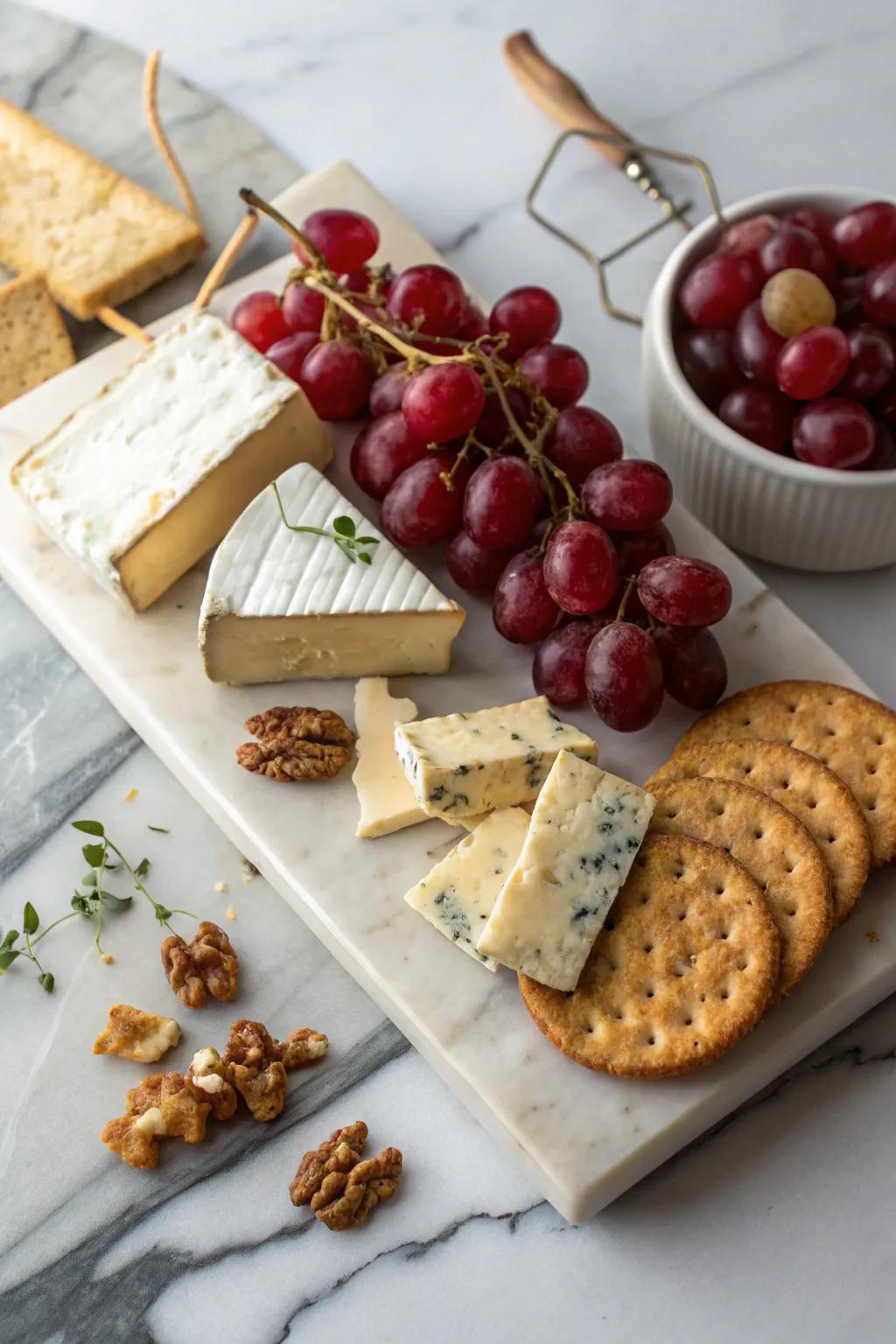 A cheese board featuring red accents infuses parties with an air of refinement.