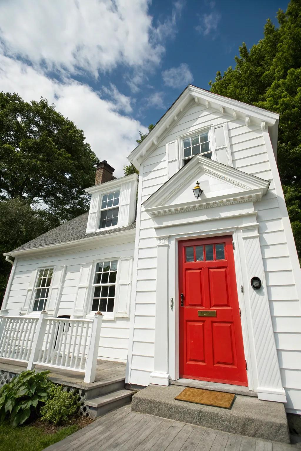 White home with a bold crimson door, making a strong visual impact.