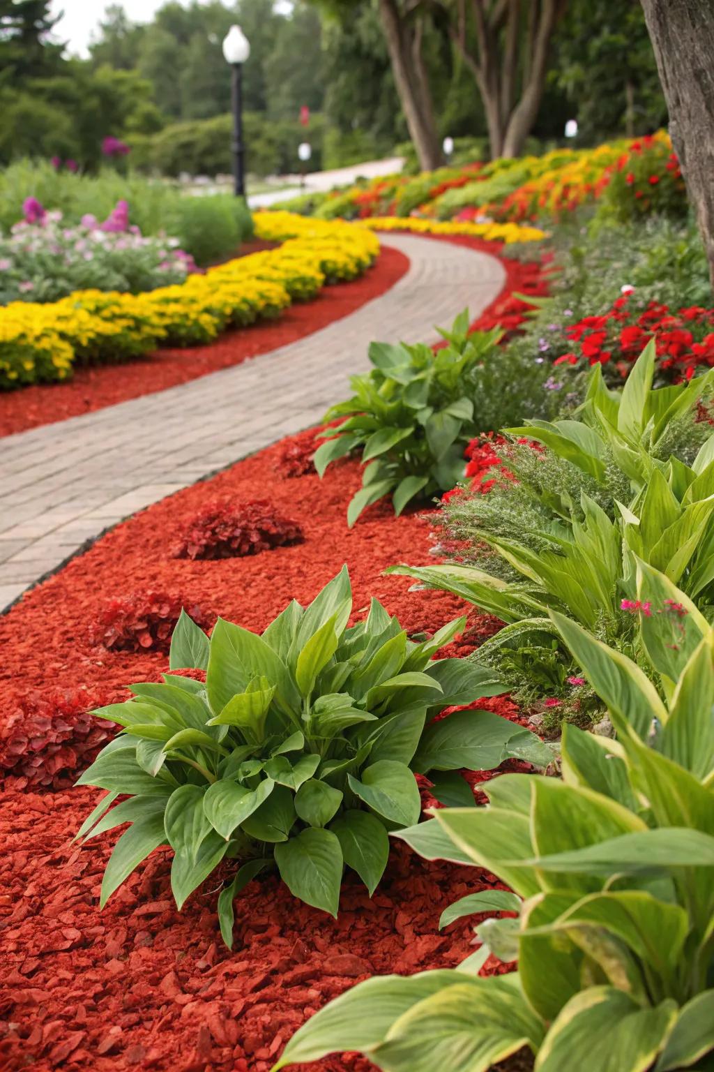 The contrast between vibrant mulch and greenery creates a visually dynamic garden.