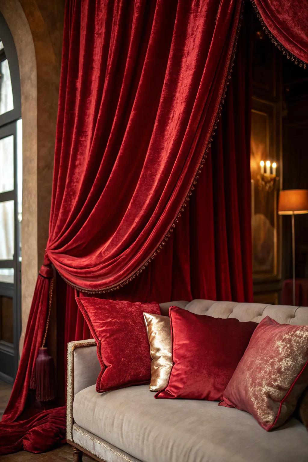 The rich textures of velvet and silk in red tones combine to form an opulent setting.