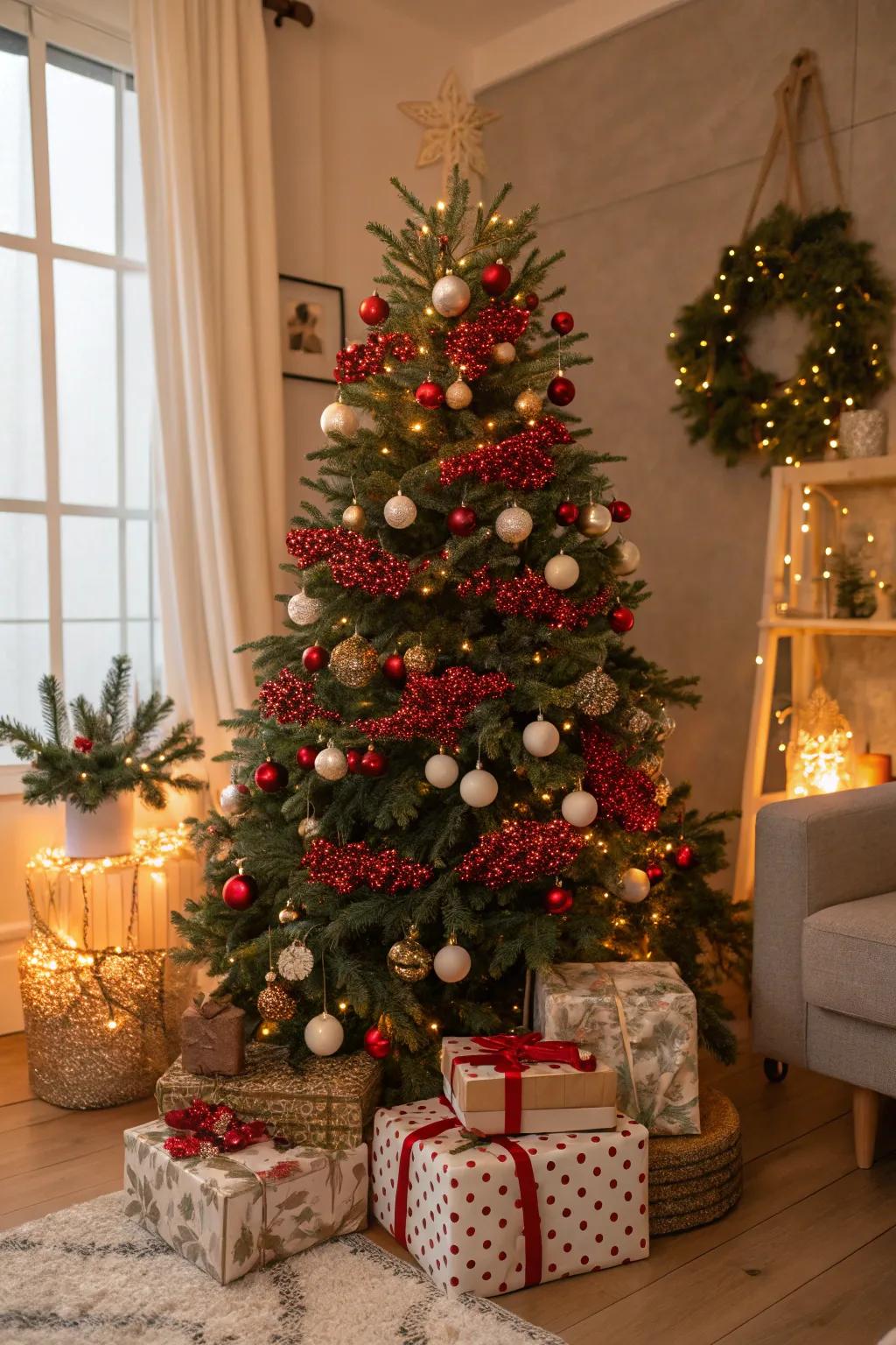 Crimson berry sprigs contributing a natural aspect to the festive tree.