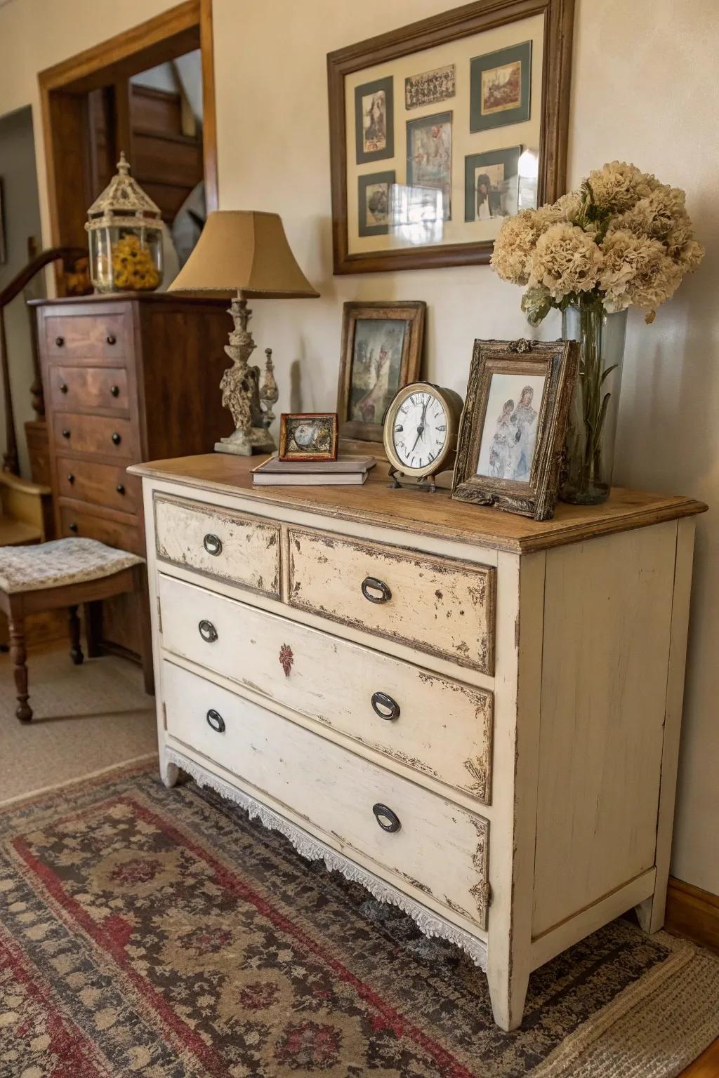 A distressed surface introduces eternal appeal to any dresser.