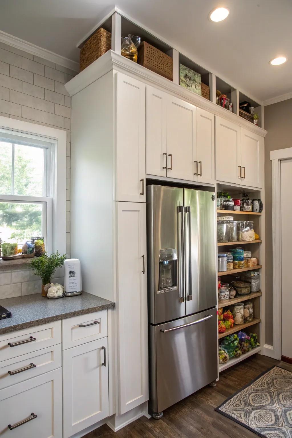 Utilize the zone above your refrigerator with our charming overhead cabinets.