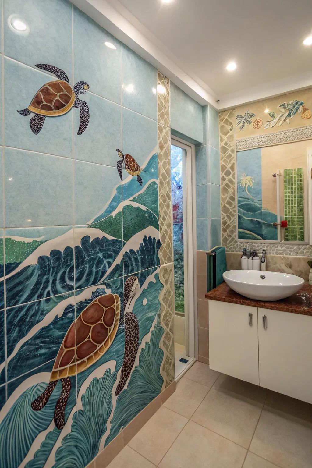 Ocean-inspired tiles infuse a tranquil, beachy atmosphere into the bathroom.