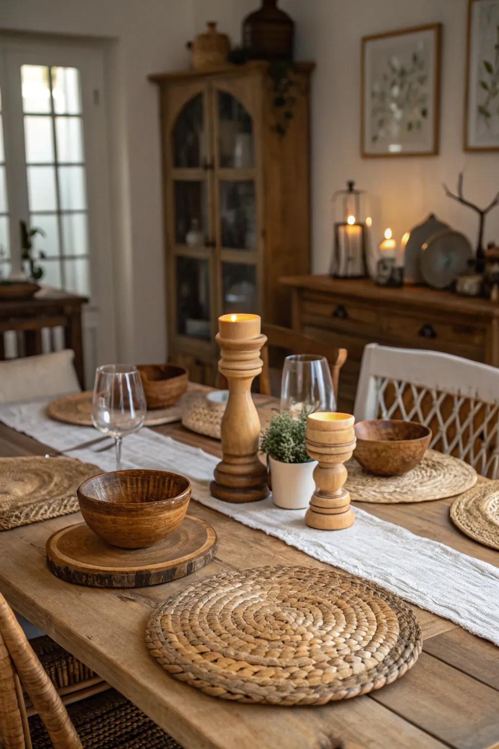 Wooden items and woven mats enhance countryside appeal.