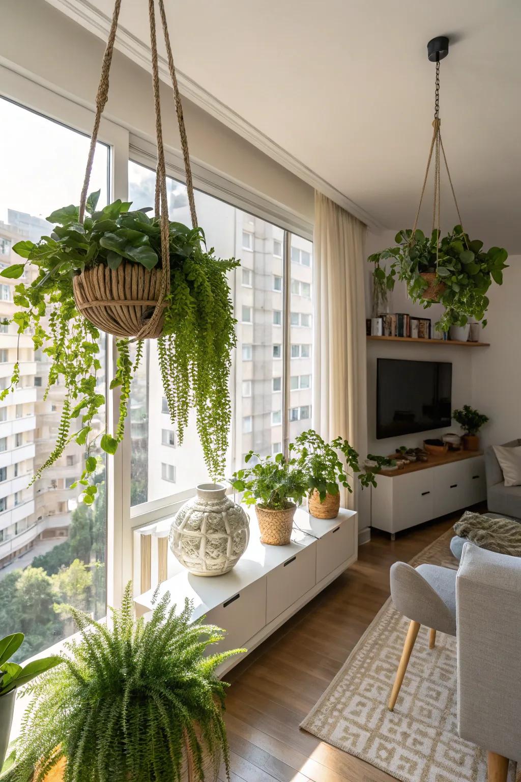 Suspended plants introduce a revitalizing touch to any space.