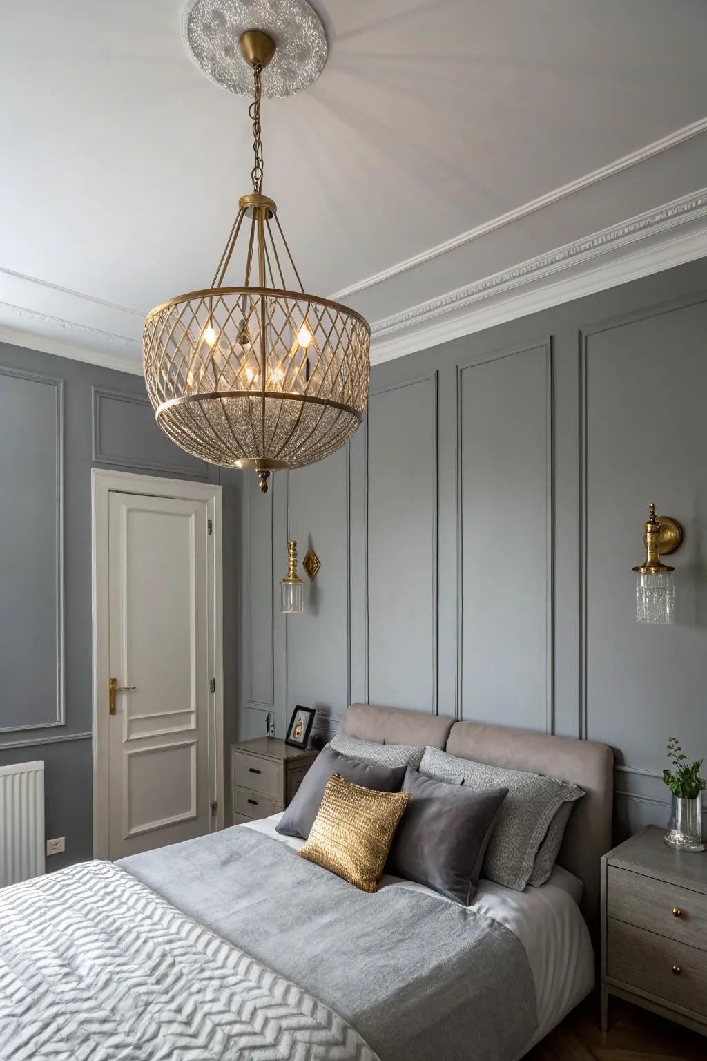 Gentle illumination amplifies the peaceful ambiance of a repose gray bedroom.