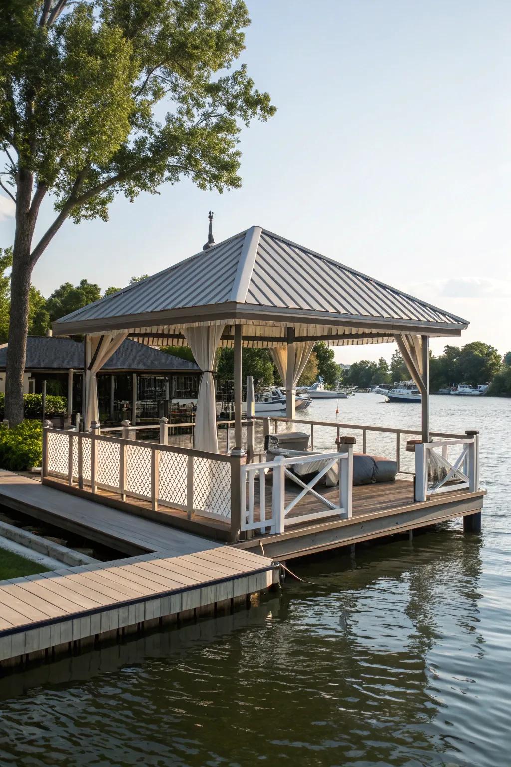 A practical dock featuring a canopy for year-round enjoyment.