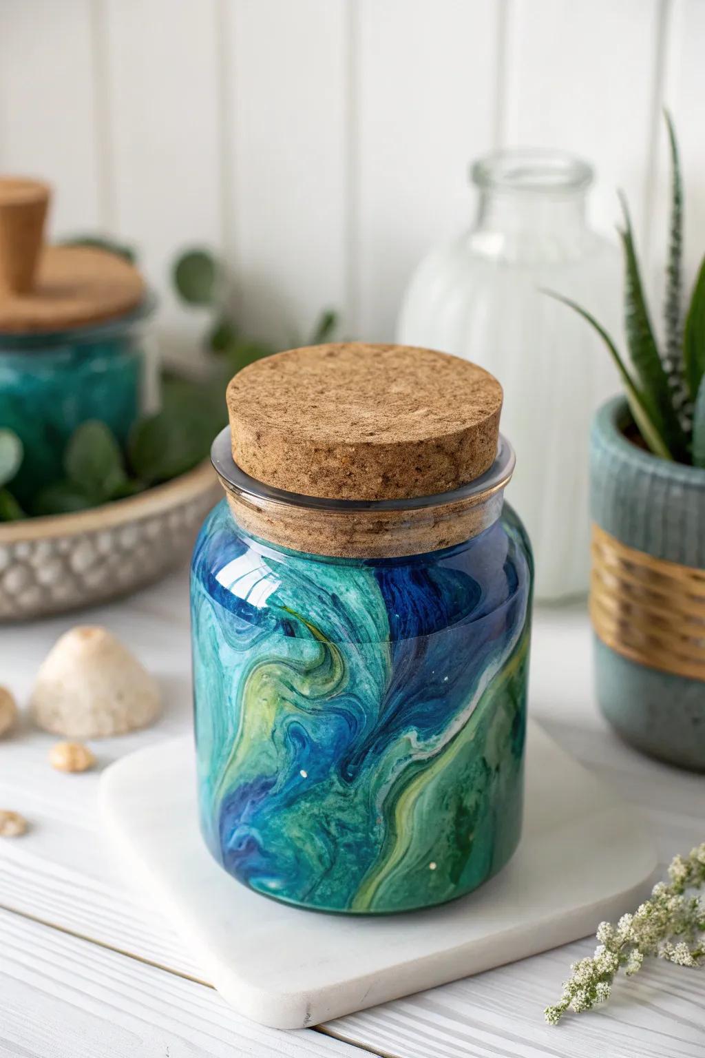 Celebrate organic refinement with this breathtaking cork-stoppered resin jar, where vibrant shades harmonize with rustic charm.