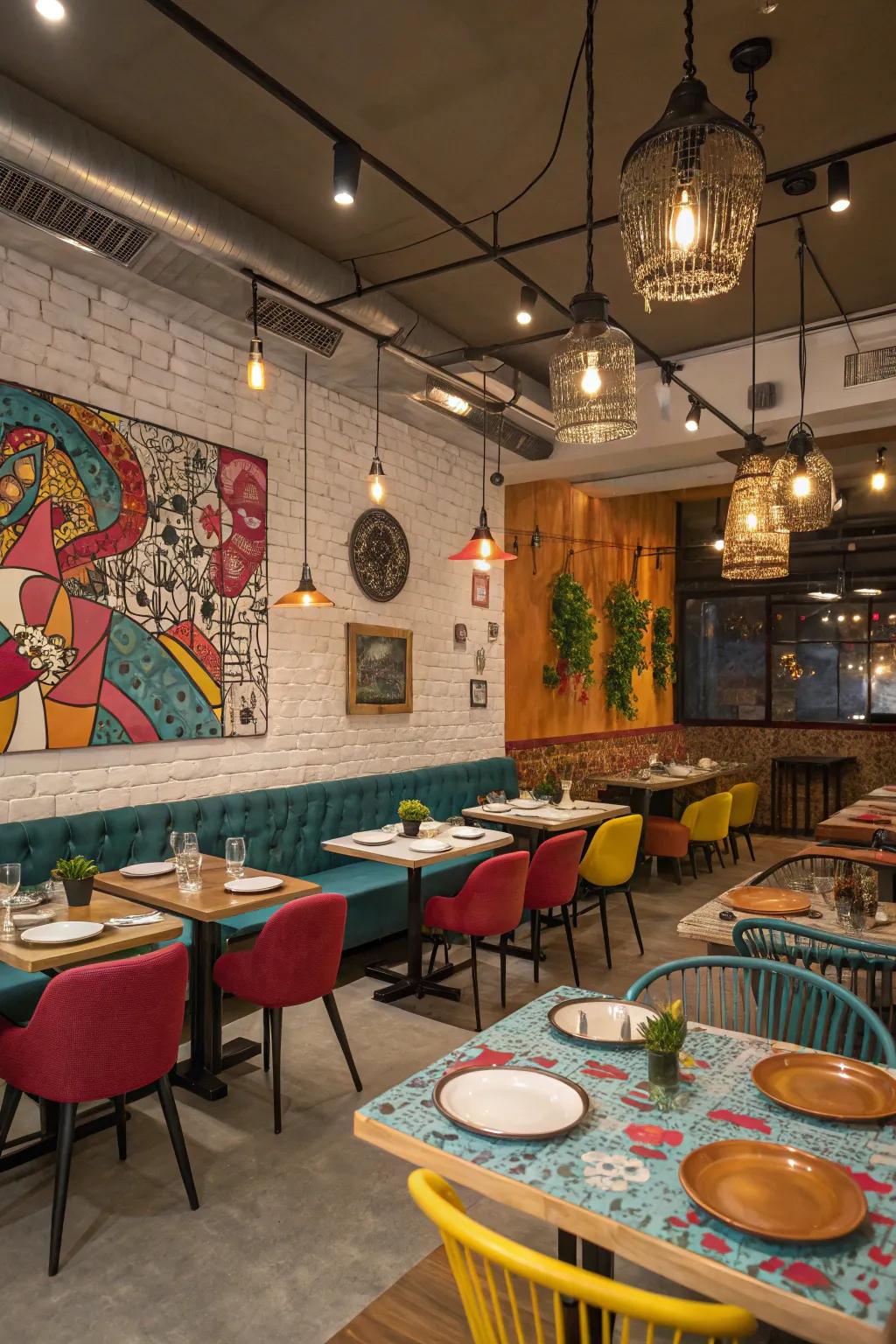 An eclectic restaurant, a vibrant canvas of color and artistic expression.
